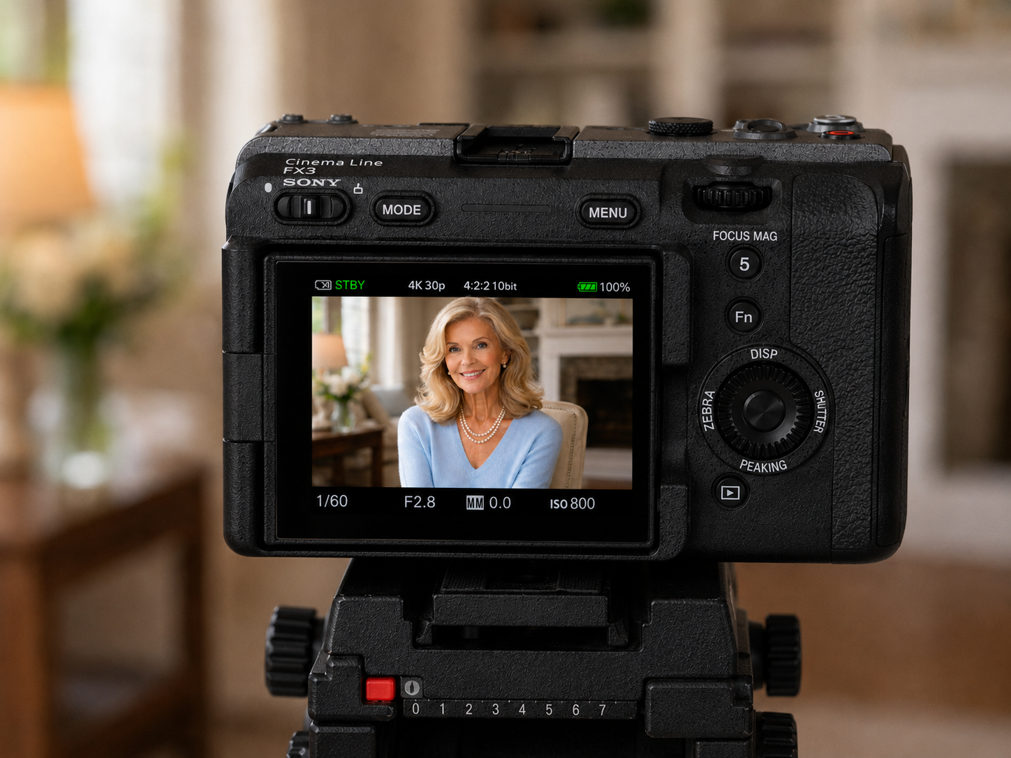 Digital camera on tripod taking a portrait of an elderly woman with blonde hair, wearing a light blue top and pearl necklace, sitting in a cozy living room.