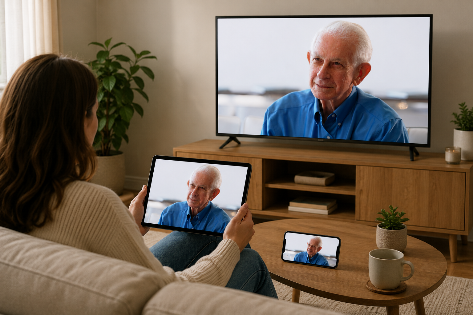 A woman is sitting on a sofa, holding a tablet with a family legacy film of an elderly man, showing the same man on a TV screen and a phone nearby.