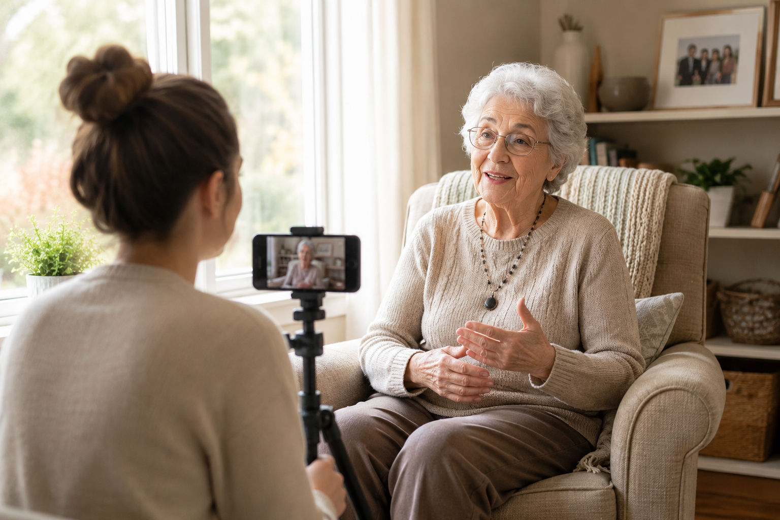 An elderly woman with white hair and glasses being recorded on a smartphone by a younger woman with her hair in a bun, sitting in a cozy living room with a large window, framed photos, and houseplants in the background.