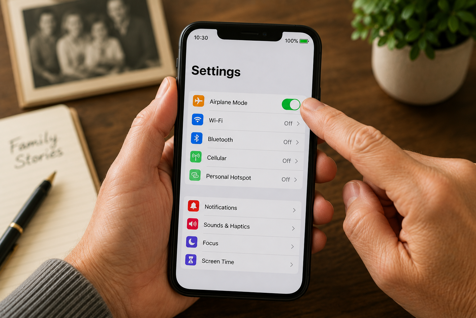 A person is holding a smartphone displaying the Settings menu, with toggles for Airplane Mode on, Wi-Fi off, Bluetooth off, Cellular off, and Personal Hotspot off. There are also options for Notifications, Sounds & Haptics, Focus, and Screen Time. In the background, there's a notebook with a pen on a wooden desk, a framed black-and-white photo of children, and a potted plant.