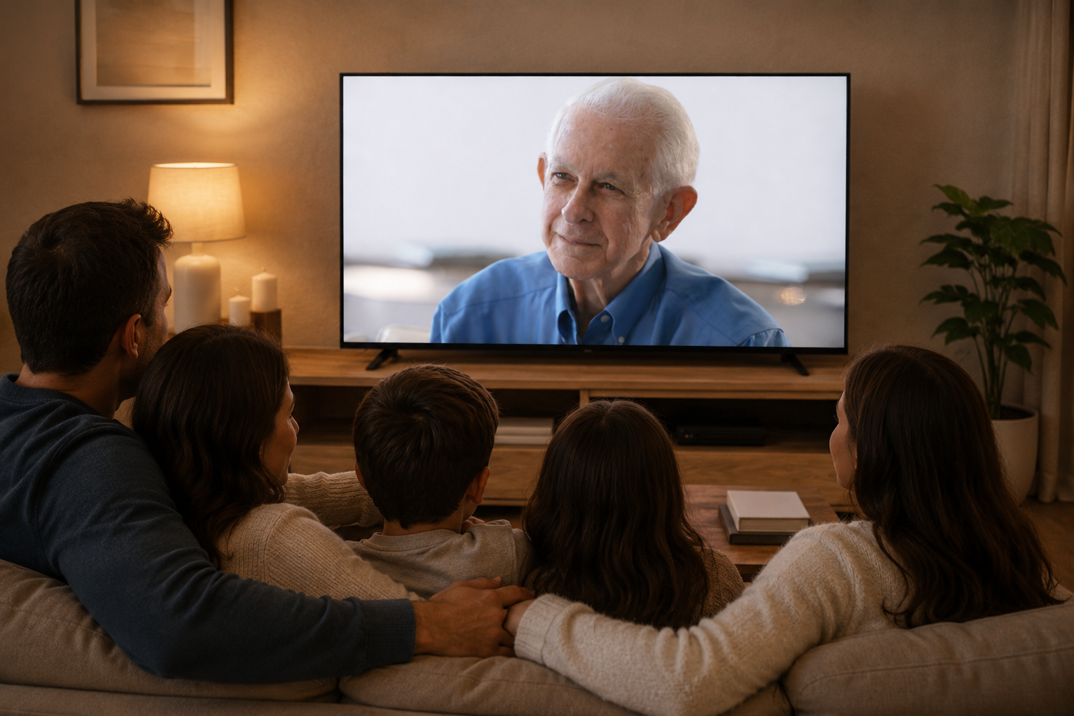A family of five sitting on a beige couch, watching a TV in a living room. The TV screen shows an elderly man with white hair wearing a blue shirt. The room has warm lighting, a table lamp, and decorative candles, with a framed picture and a potted plant in the background.