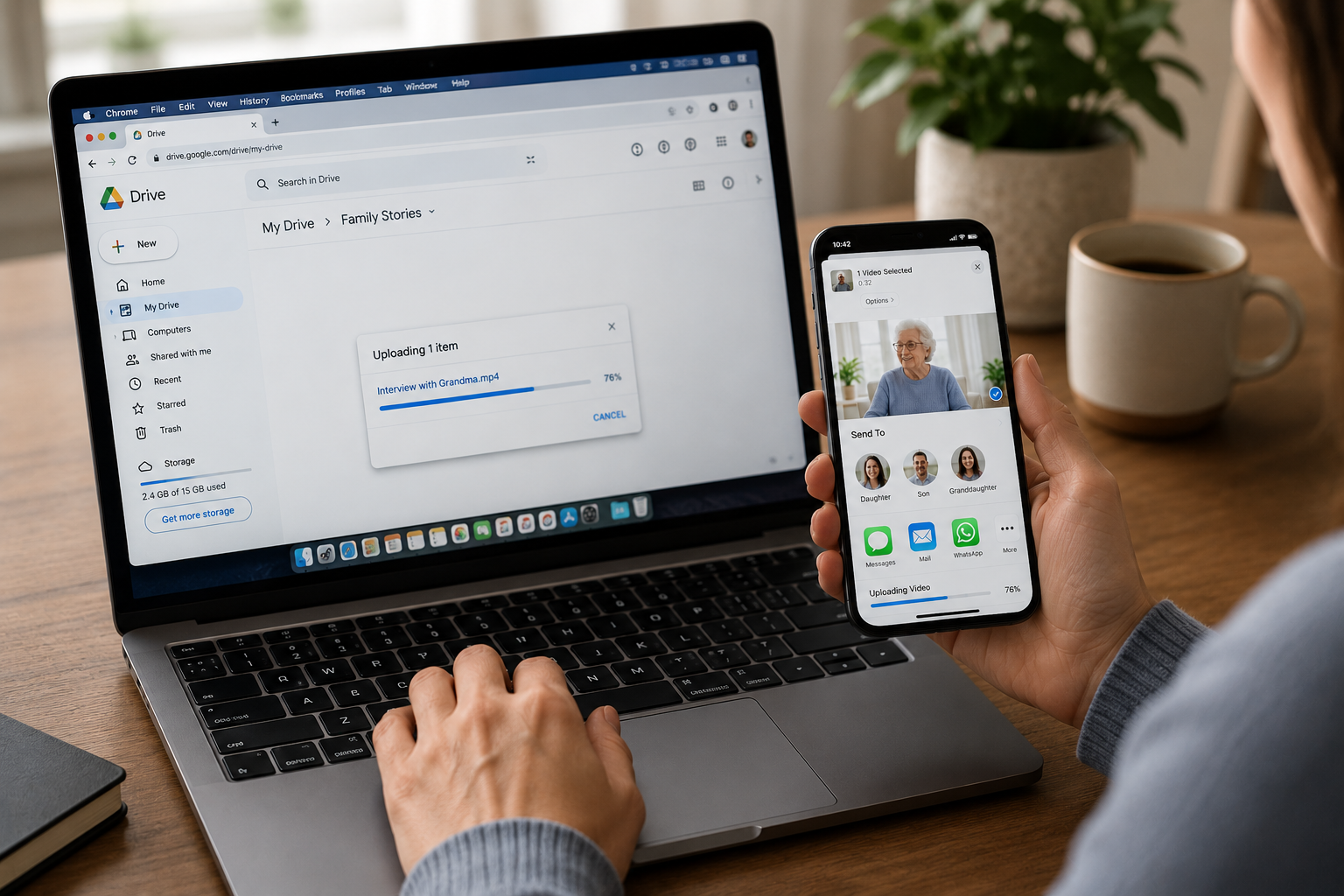 A person uploading a video titled 'Interview with Grandma.mp4' on Google Drive while holding a smartphone with a family video call screen showing an elderly woman, and a laptop on a wooden desk with a cup of coffee and a potted plant in the background.
