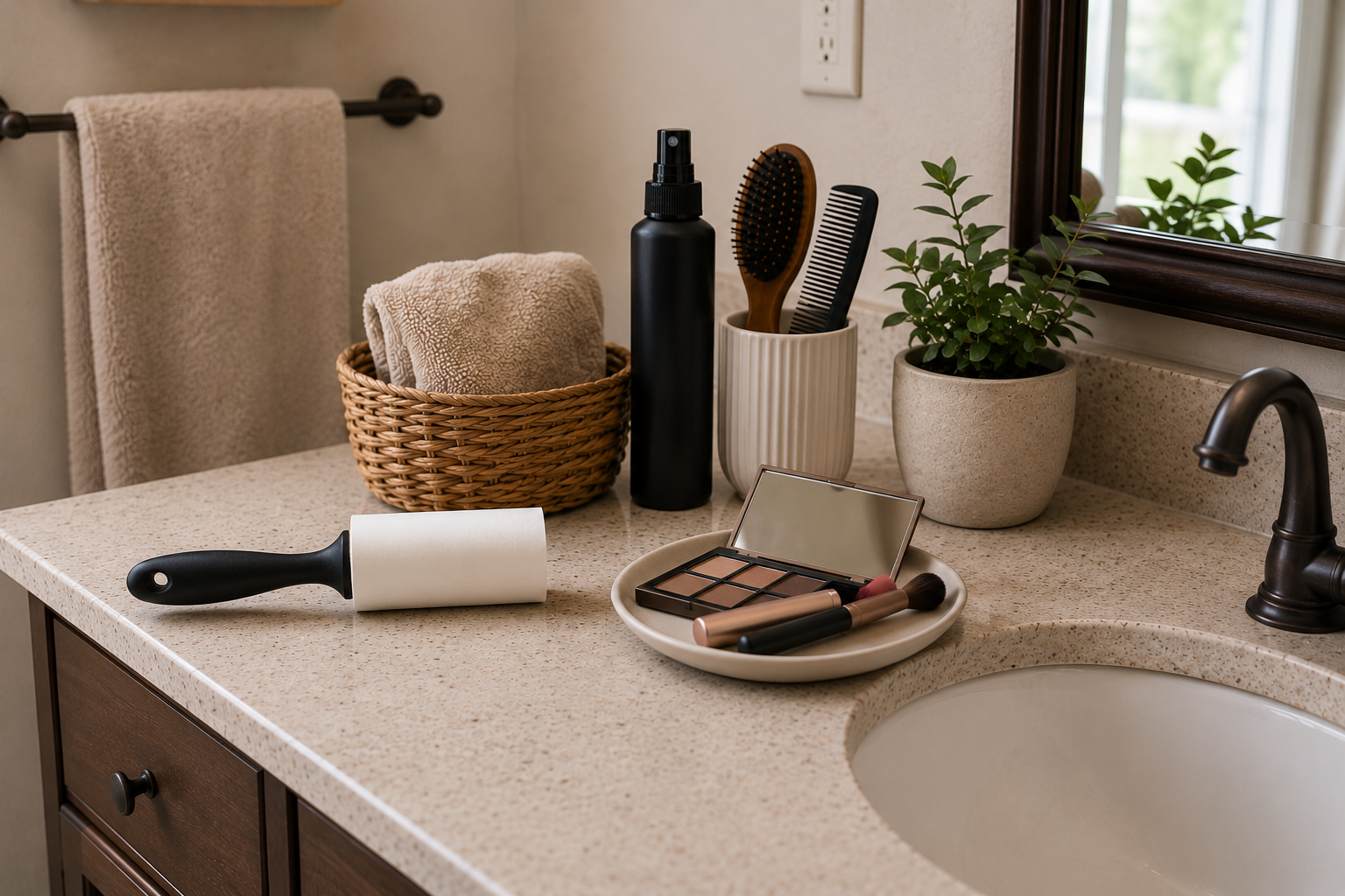 A bathroom vanity with a beige quartz countertop, a black soap pump, a basket with neatly folded towels, a white cup holding hairbrushes, a makeup palette with brushes, and a potted plant near a mirror.