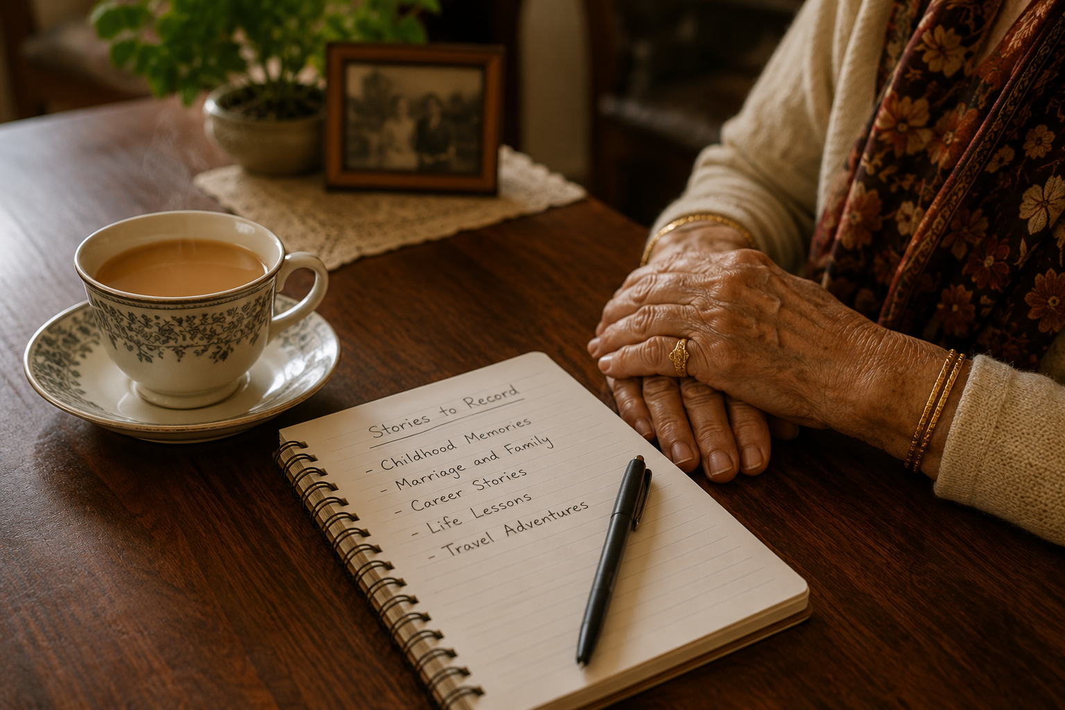 A notebook titled 'Stories to Record' lists childhood memories, marriage and family, career stories, life lessons, and travel adventures. A pen lies on the notebook. There is a cup of tea on a saucer, a potted plant, and a framed photograph on the table. An elderly person's hands, adorned with jewelry, rest on the table.