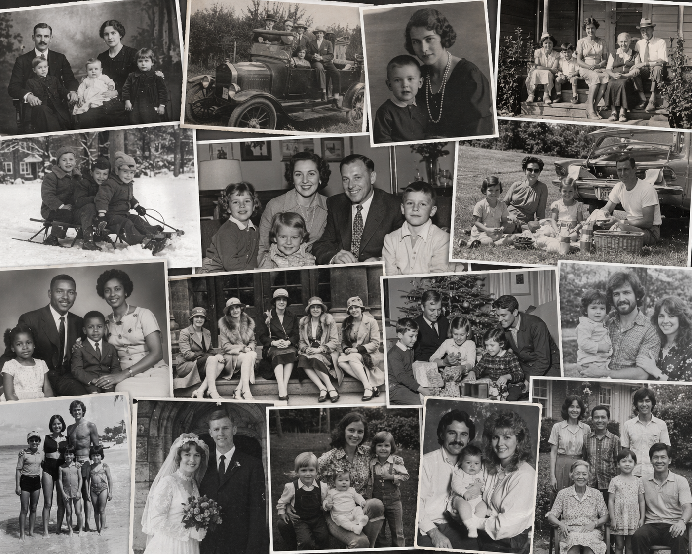 A collage of black and white vintage family photographs featuring various groups of people, including children, adults, and couples, in different outdoor and indoor settings.
