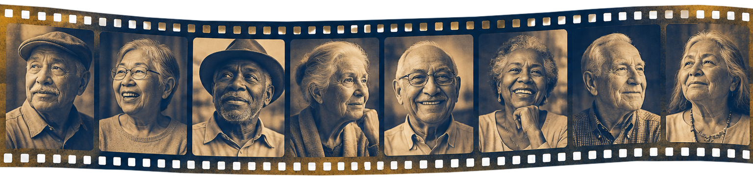 A strip of vintage-style photos featuring eight elderly people, diverse in appearance, smiling or looking thoughtful, set against a dark background
