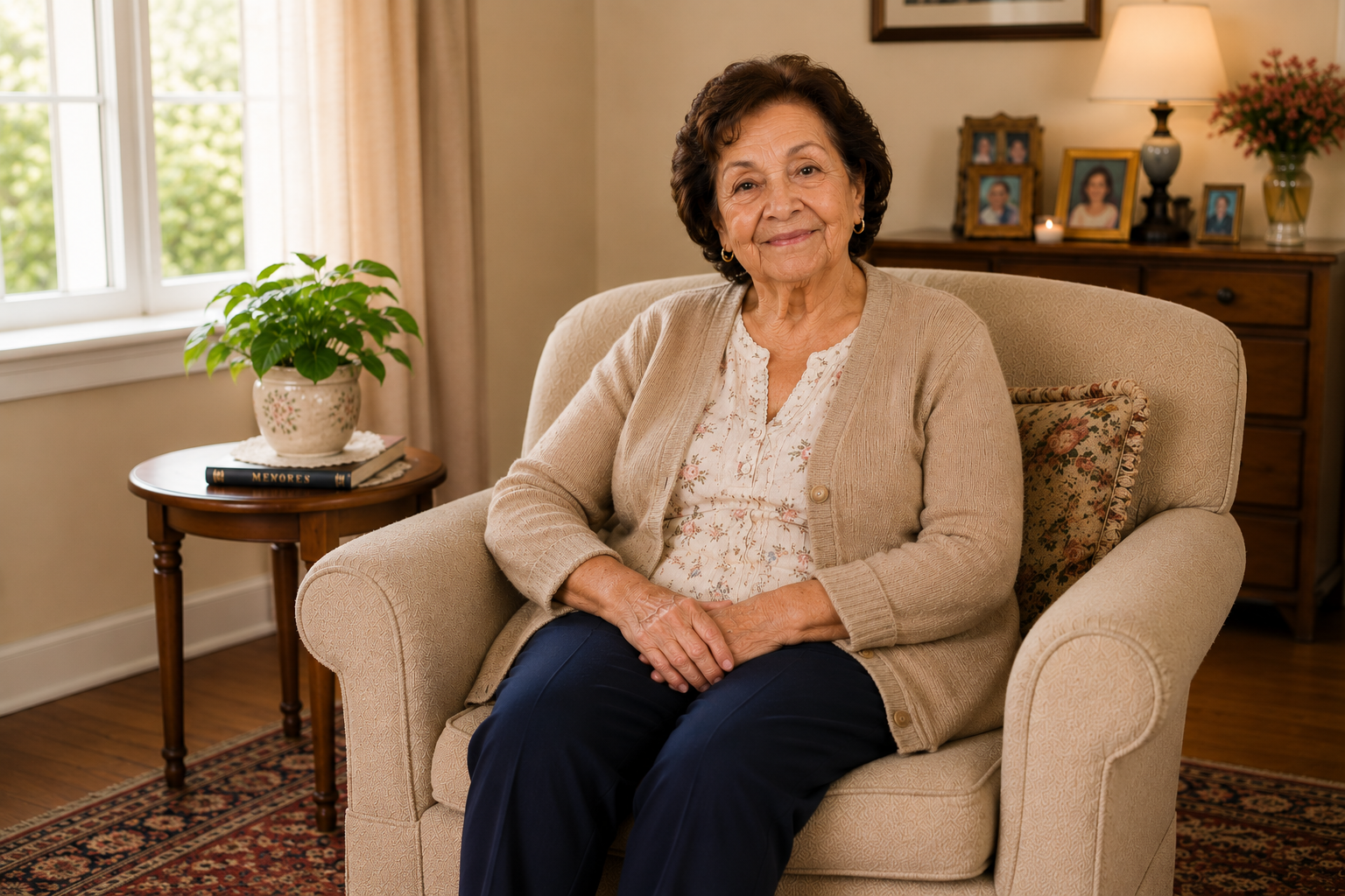 An elderly woman sitting on a beige armchair in a cozy living room. There is a side table with a potted plant and a book, there is a wooden dresser with framed photos, a lamp, and a vase with flowers. The room has a window with beige curtains, hardwood flooring, and a patterned rug.