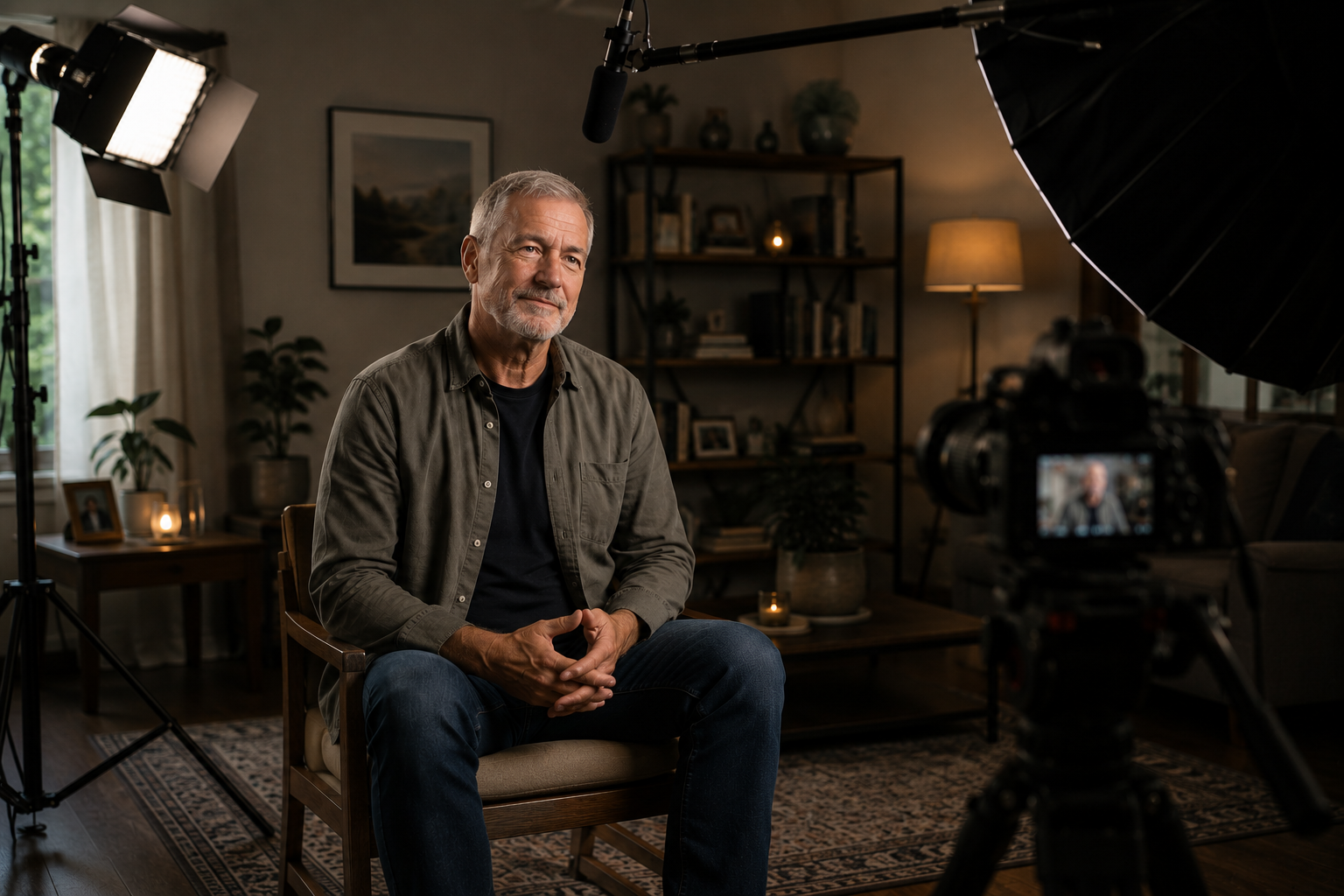 Older man with gray hair and beard being filmed in a living room, with filming equipment and lights around him.