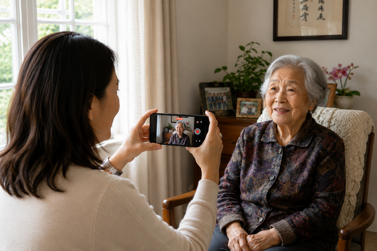 A woman is taking a photo of an elderly woman sitting in a chair inside a cozy home. The elderly woman is smiling and looking at the camera, with family photos and a plant in the background.