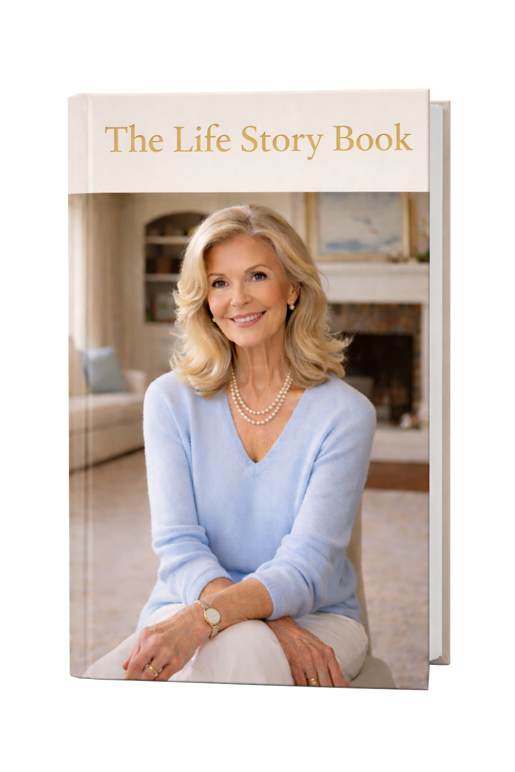 Book titled 'The Life Story Book' with a smiling woman wearing a light blue sweater and pearls, sitting in a cozy living room.