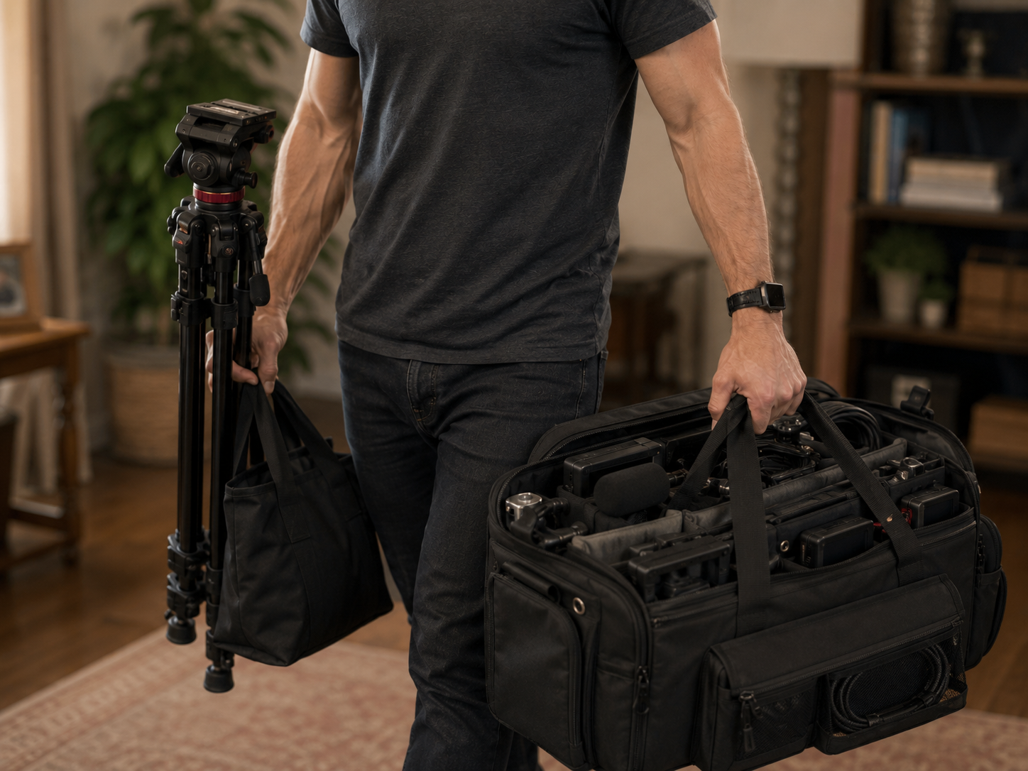 Person holding a camera tripod and a large camera equipment case indoors.