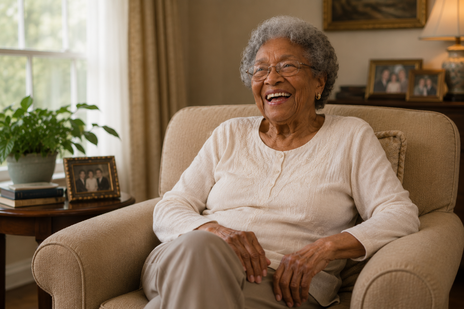 An elderly woman with gray curly hair and glasses, smiling and laughing while sitting in a beige armchair in a living room.