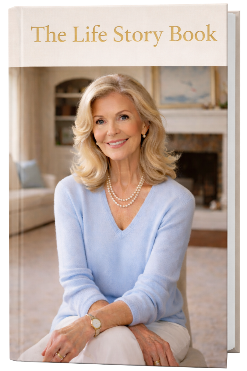 The cover of a book titled "The Life Story Book", featuring a smiling older woman with blonde hair, wearing a light blue sweater, pearl necklace, and watch, sitting in a cozy living room with a fireplace in the background.
