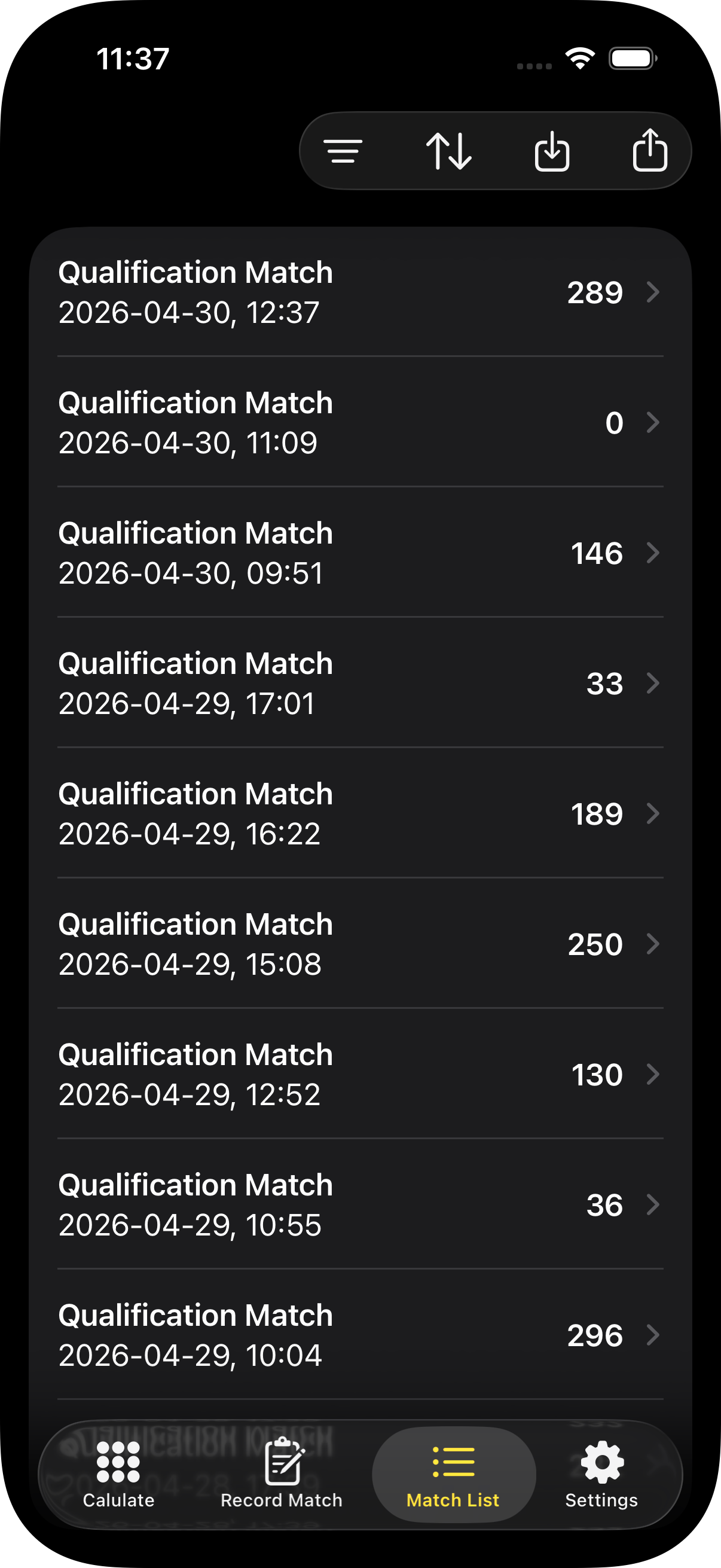 Screenshot of the match list in Bots Keeper.
