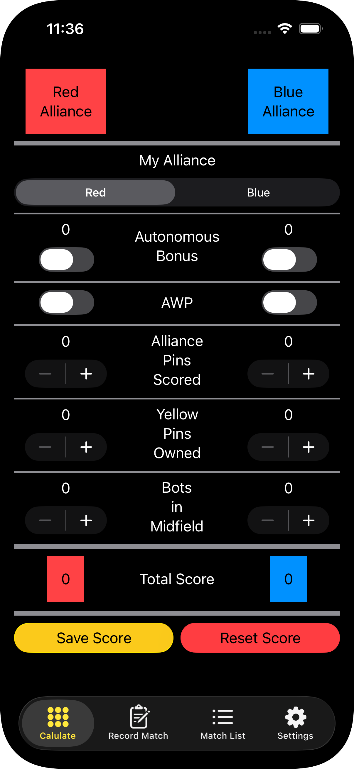 Screenshot of the 2025-2026 V5RC Override scoring calculator in Bots Keeper.