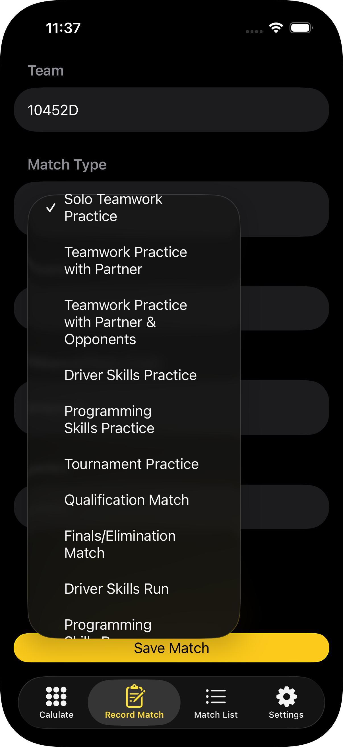 Screenshot of the Bots Keeper app showing the variety of match types that can be tracked.