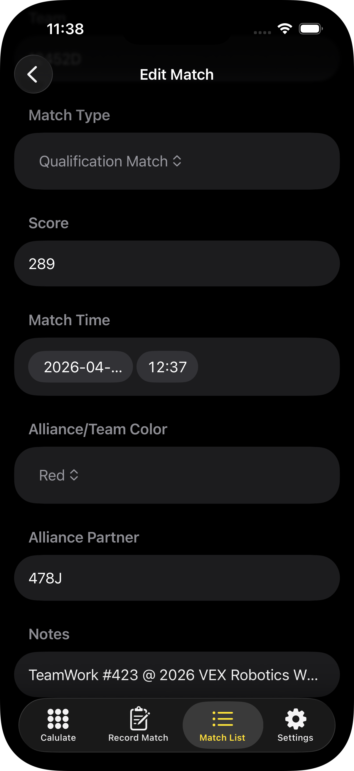 Screenshot of the match detail/edit screen in Bots Keeper.
