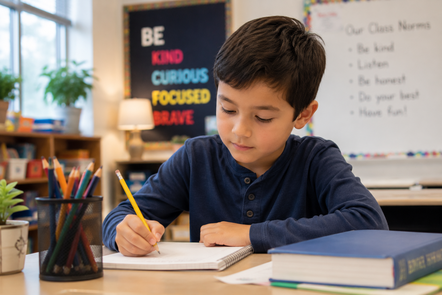 A young boy writing in a notebook at a school desk, with pencils and books nearby, in a classroom with colorful posters and a whiteboard in the background.