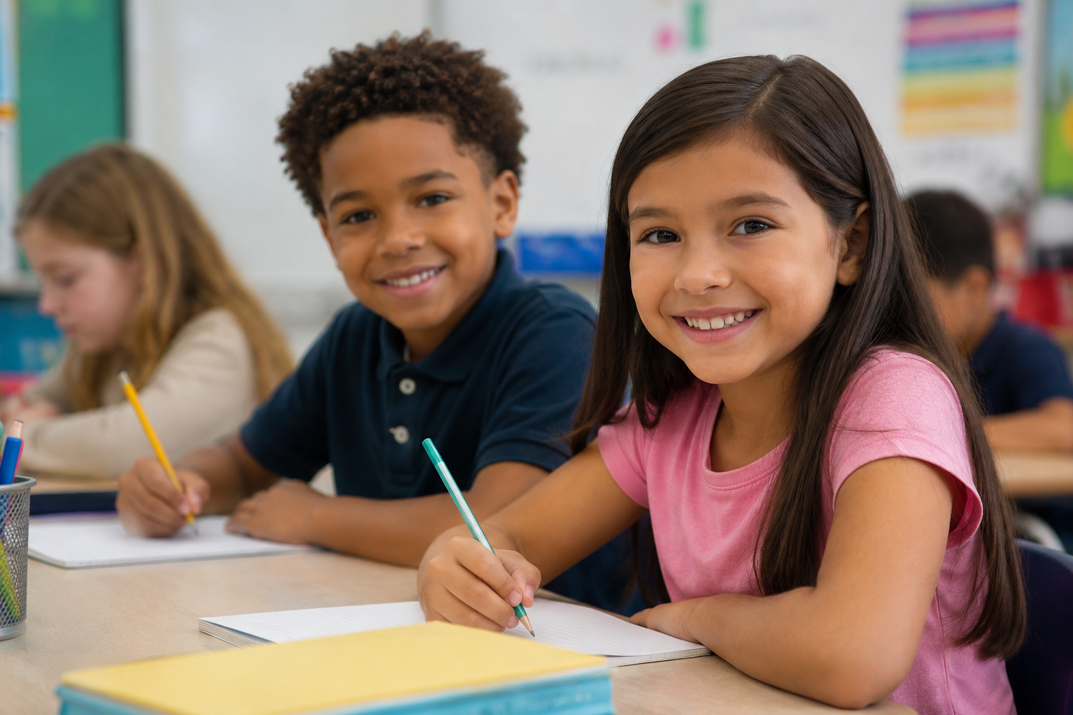 Smiling school children sitting at desks in a classroom, engaging in learning activities with notebooks and pens.