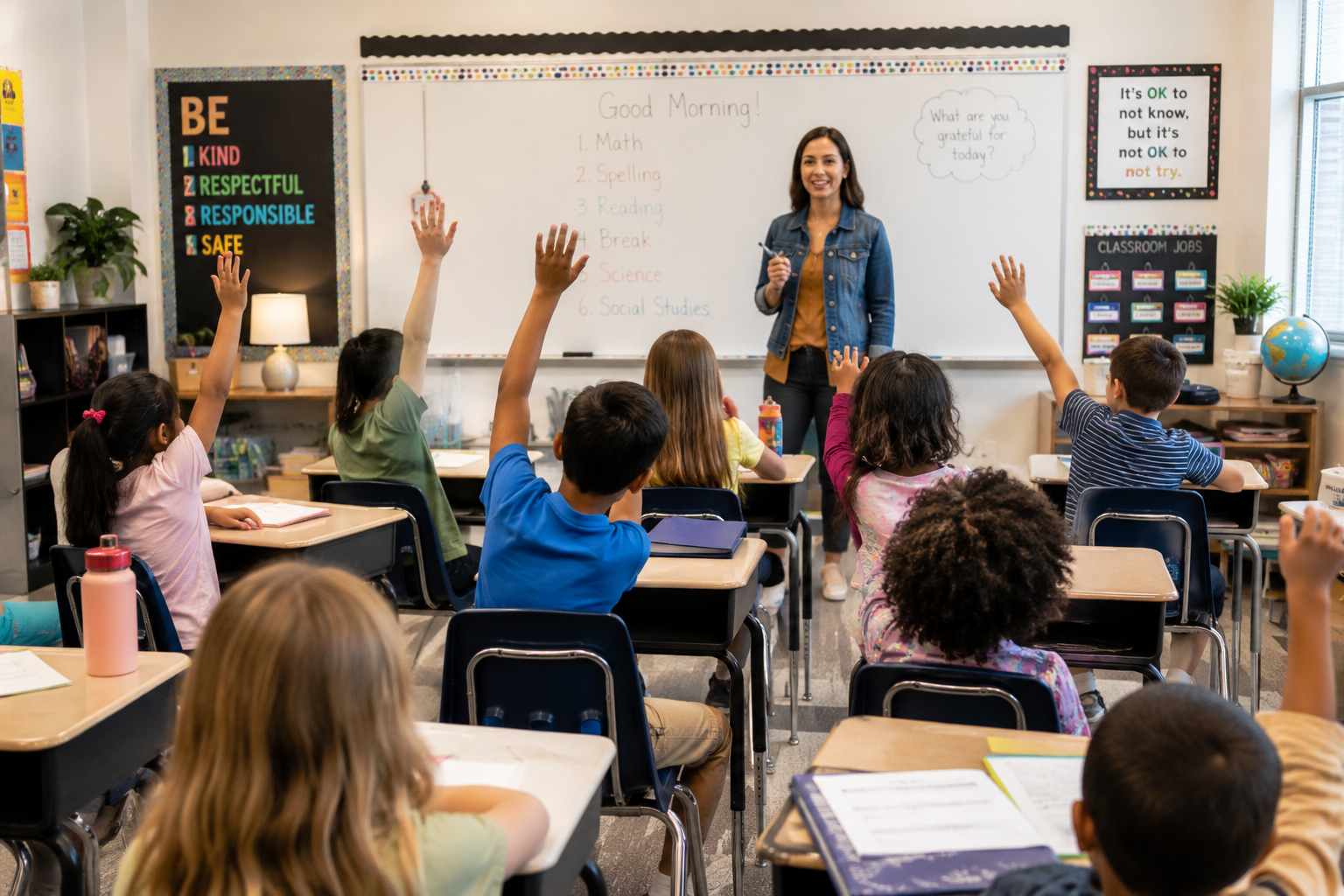 Elementary school classroom with students raising hands while teacher stands at whiteboard.