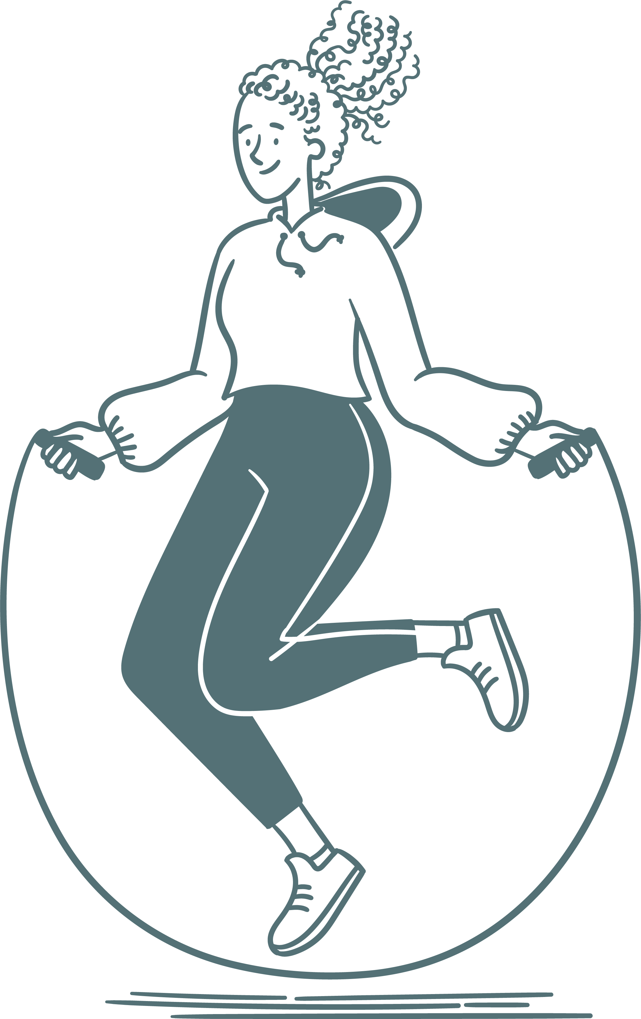 A line drawing of a person jumping rope, with a smile and curly hair tied up in a pony-tail. She is dressed in a hoodie, pants, and sneakers.