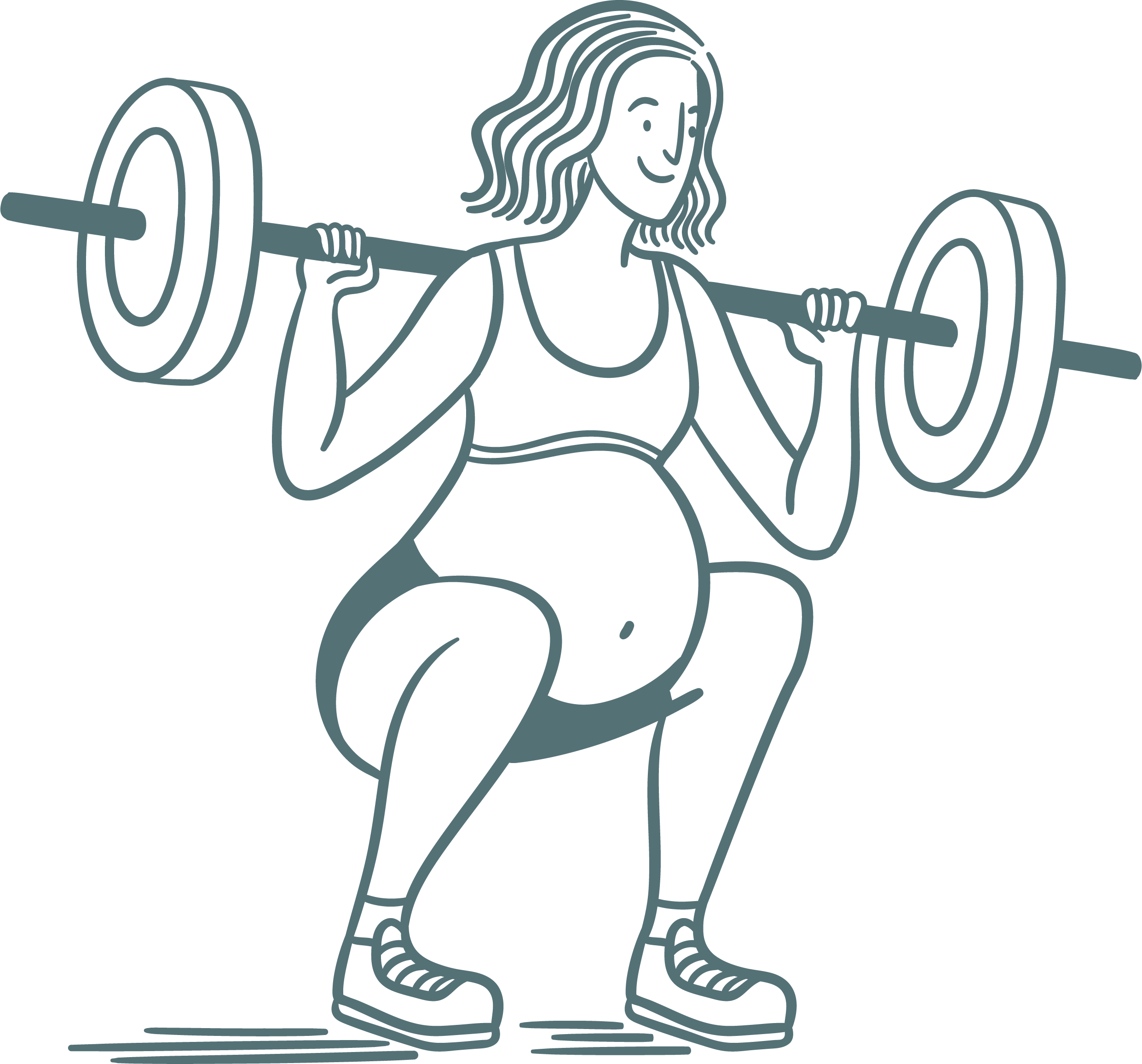 Line drawing of a woman lifting a barbell with weights.