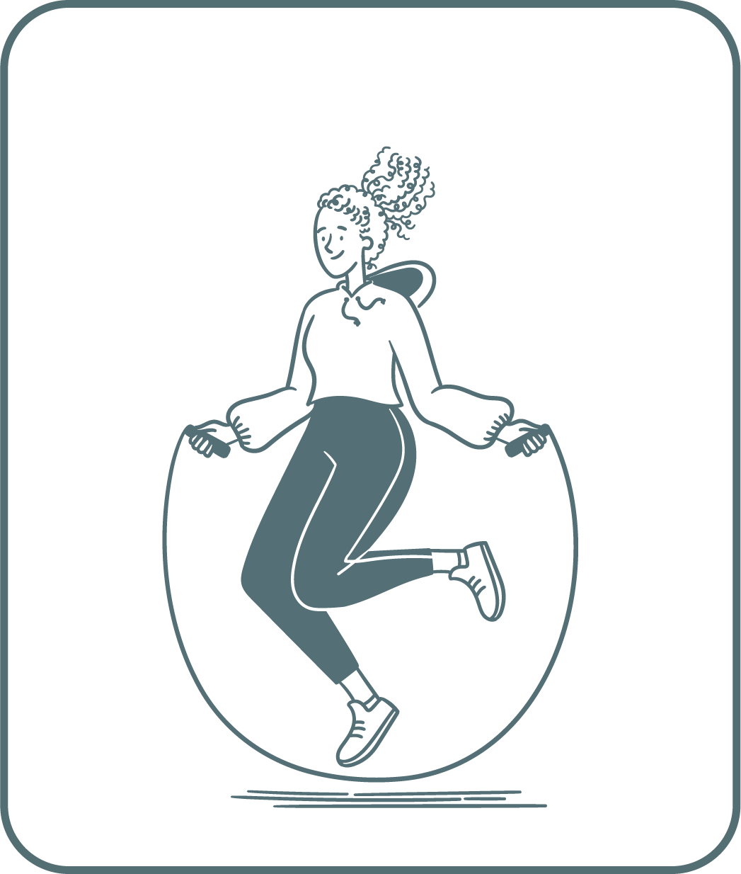 A line drawing of a person jumping rope, with a smile and curly hair tied up in a pony-tail. She is dressed in a hoodie, pants, and sneakers.