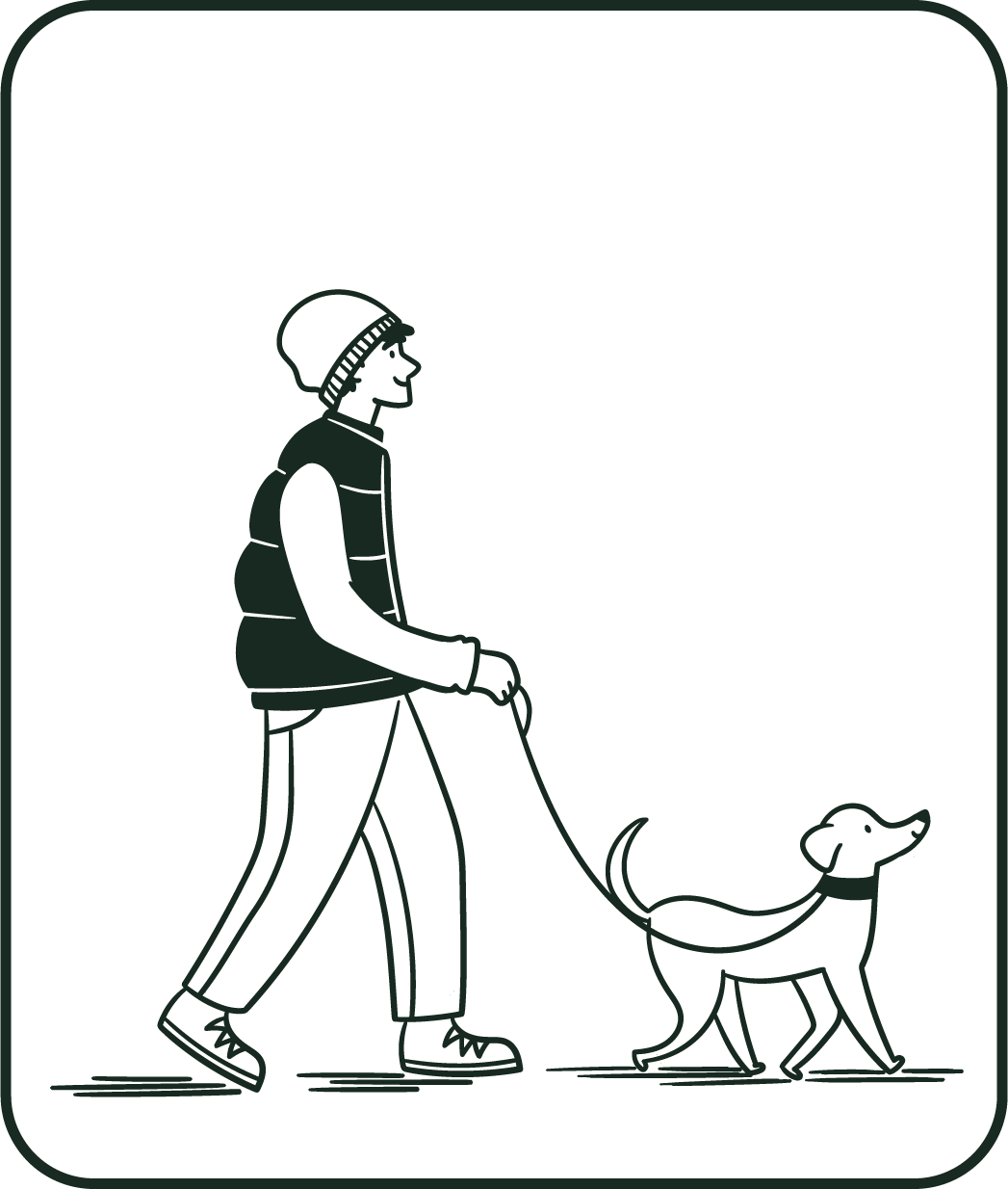 A line drawing of a person walking their dog down the street, they are wearing a vest and a beanie.