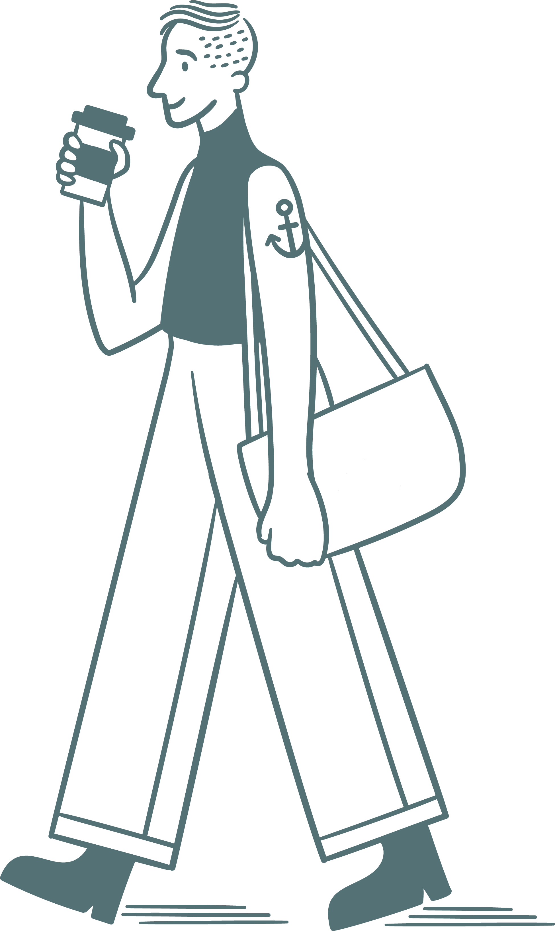 Line drawing of a man walking, holding a coffee cup in one hand, with an anchor tattoo on his upper arm, carrying a tote bag, wearing wide-leg pants and loafers.