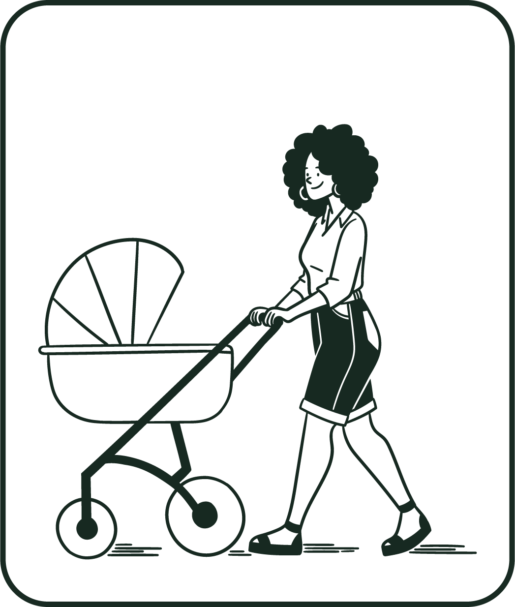 An illustration of a woman walking and pushing a baby stroller.