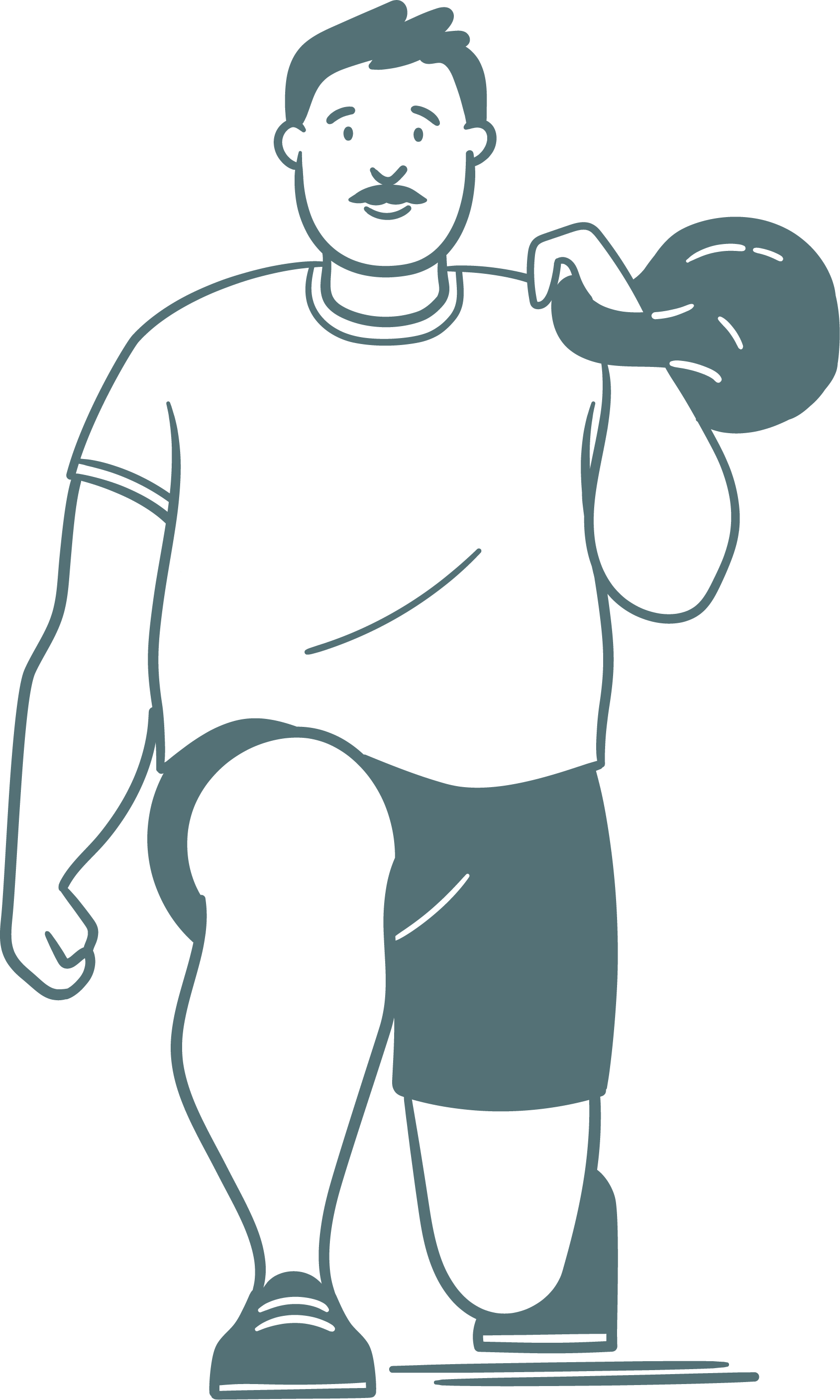 An illustration of a man with a mustache doing a kettlebell workout. He's in a kneeling position and has a kettlebell propped up on his shoulder.