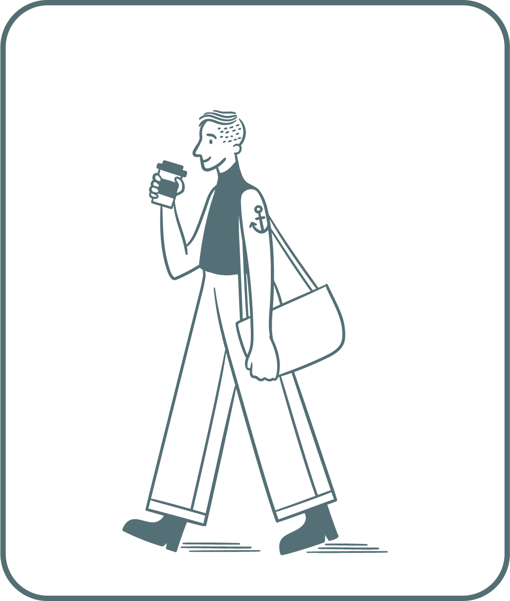 Line drawing of a person walking while holding a coffee cup, carrying a large bag, with a tattoo of an anchor on their arm, and wearing boots and wide-leg pants.
