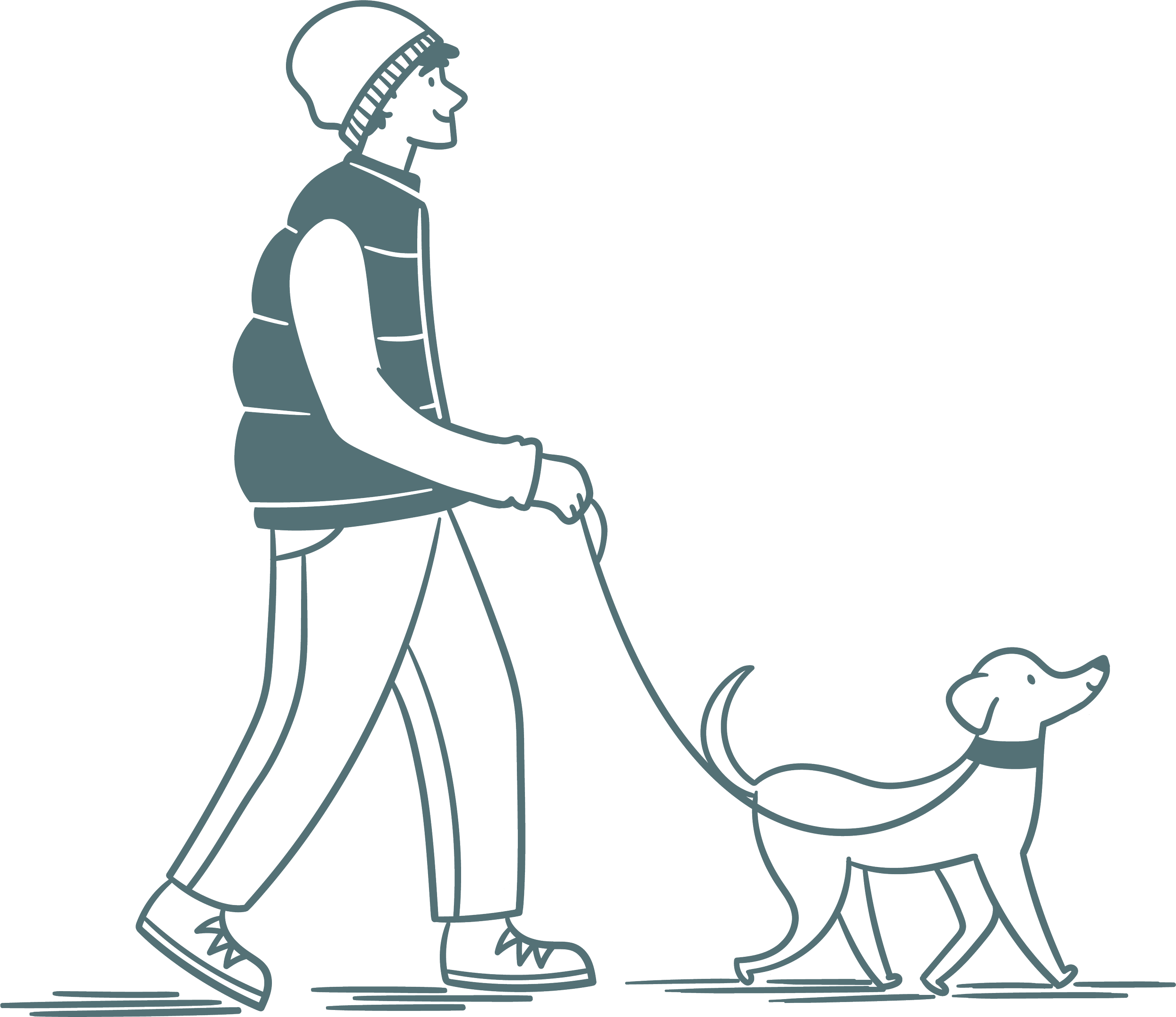 Line drawing of a person walking a dog on a leash.