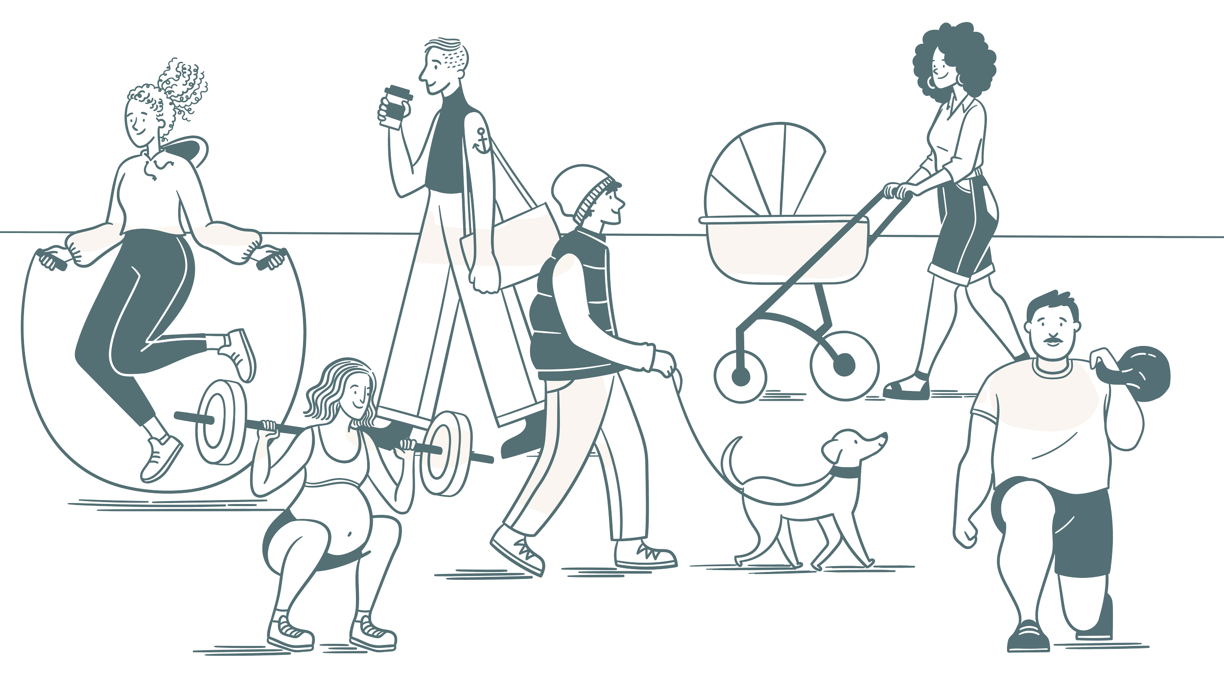 Line drawing of diverse people engaging in outdoor activities, including a woman jumping rope, a person lifting weights, a woman walking a dog, a woman pushing a stroller, and others walking with dogs.