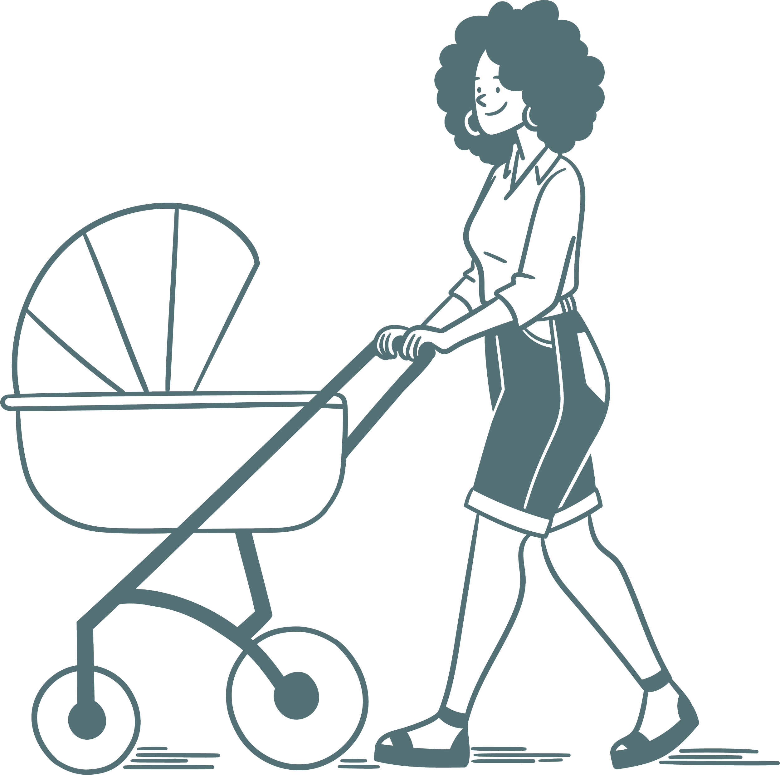 Line drawing of a woman with curly hair pushing a stroller.