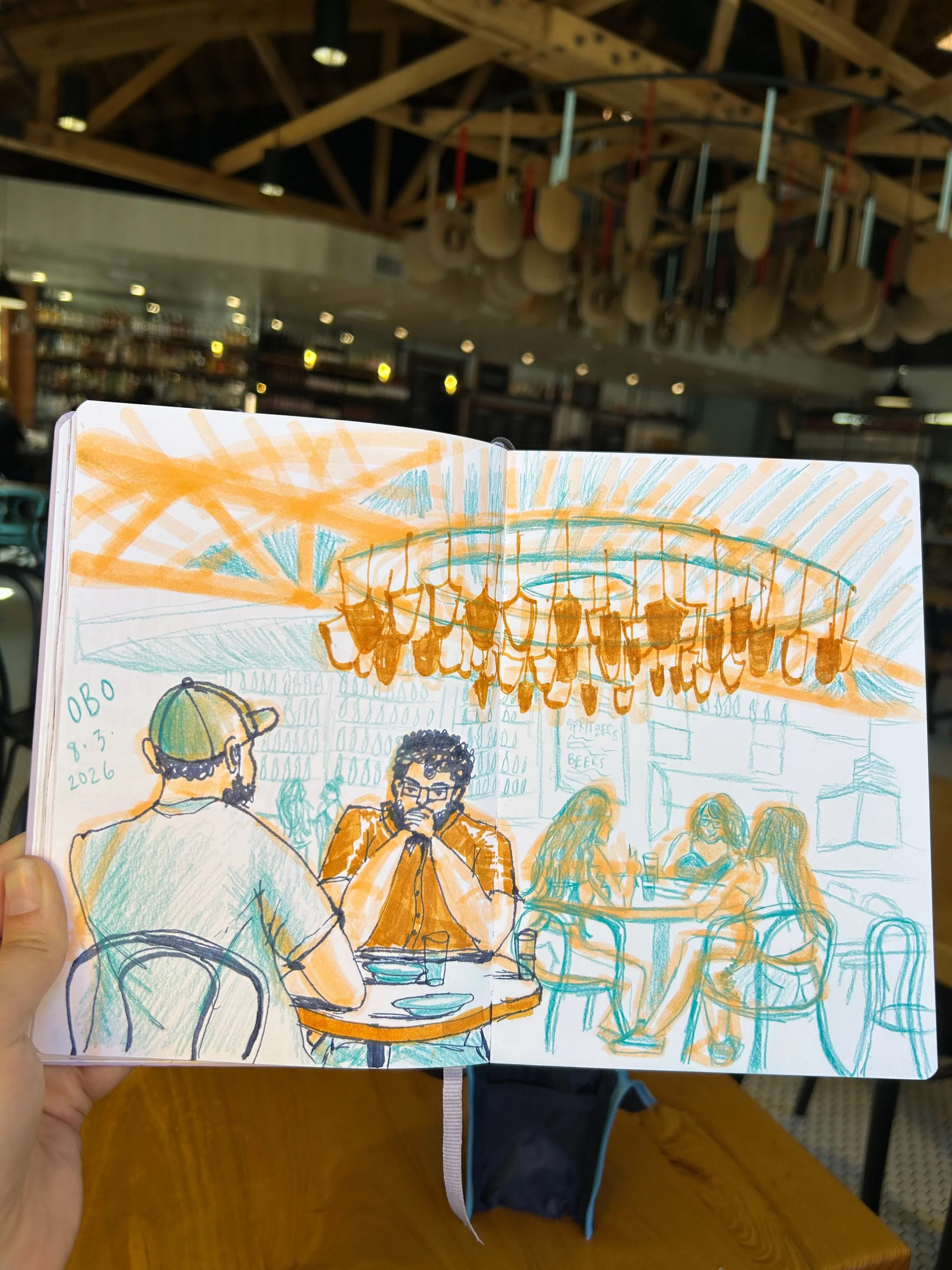 OBO is fun to draw because of the pizza paddles dangling from the ceiling 🍕 

#urbansketcherssacramento #eastsac #oboitalian #mixedmediasketching #restaurantsketching 

I&rsquo;ve been enjoying my new pencil case so much! This one stands up on its o