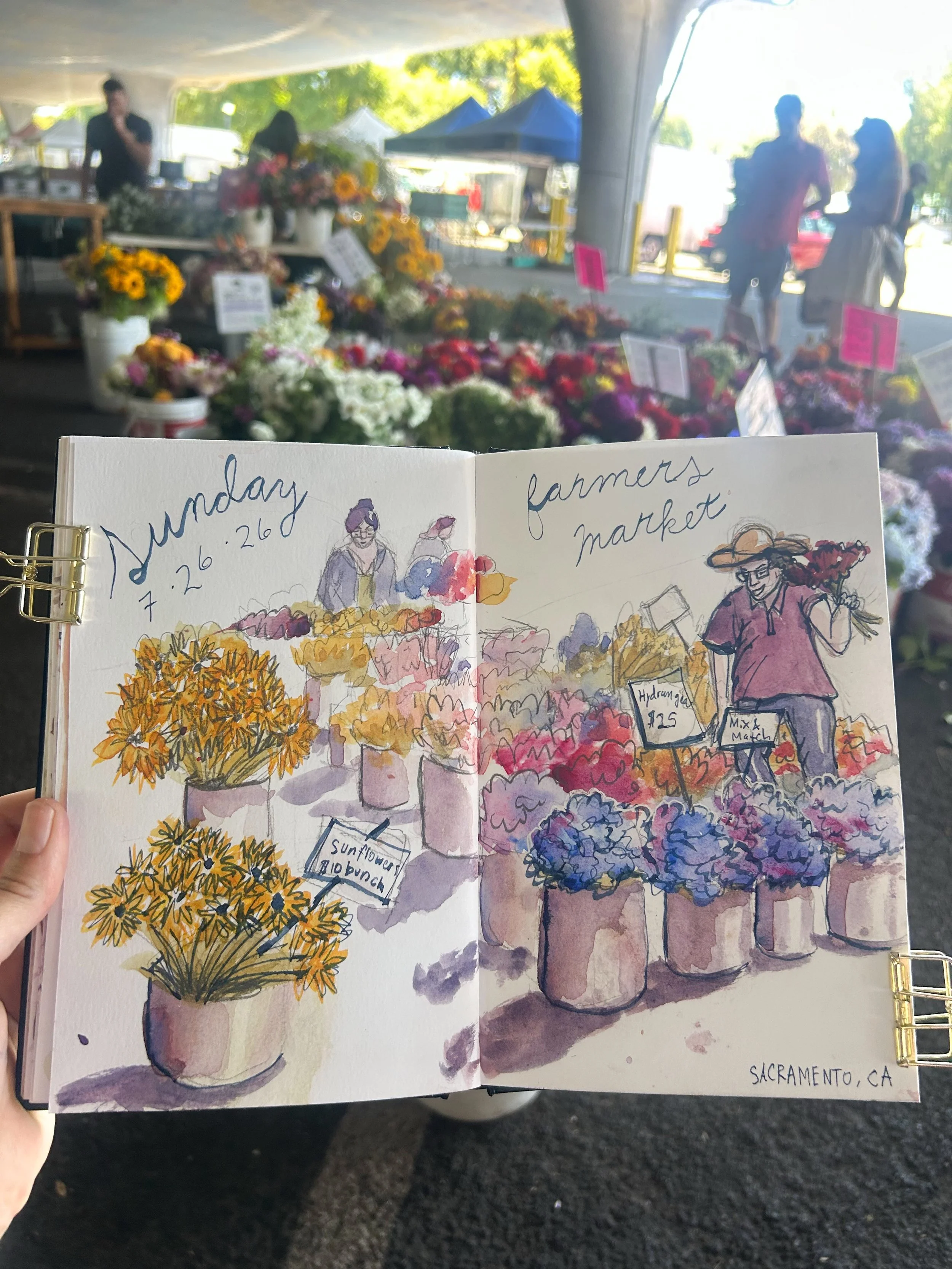 I blissed out painting flowers with @urbansketcherssacramento today. We had a good turnout and everyone seemed to enjoy painting the bustle of the market! 🍓 

I really loved using a primary color palette here, which I don&rsquo;t often do. I got to 