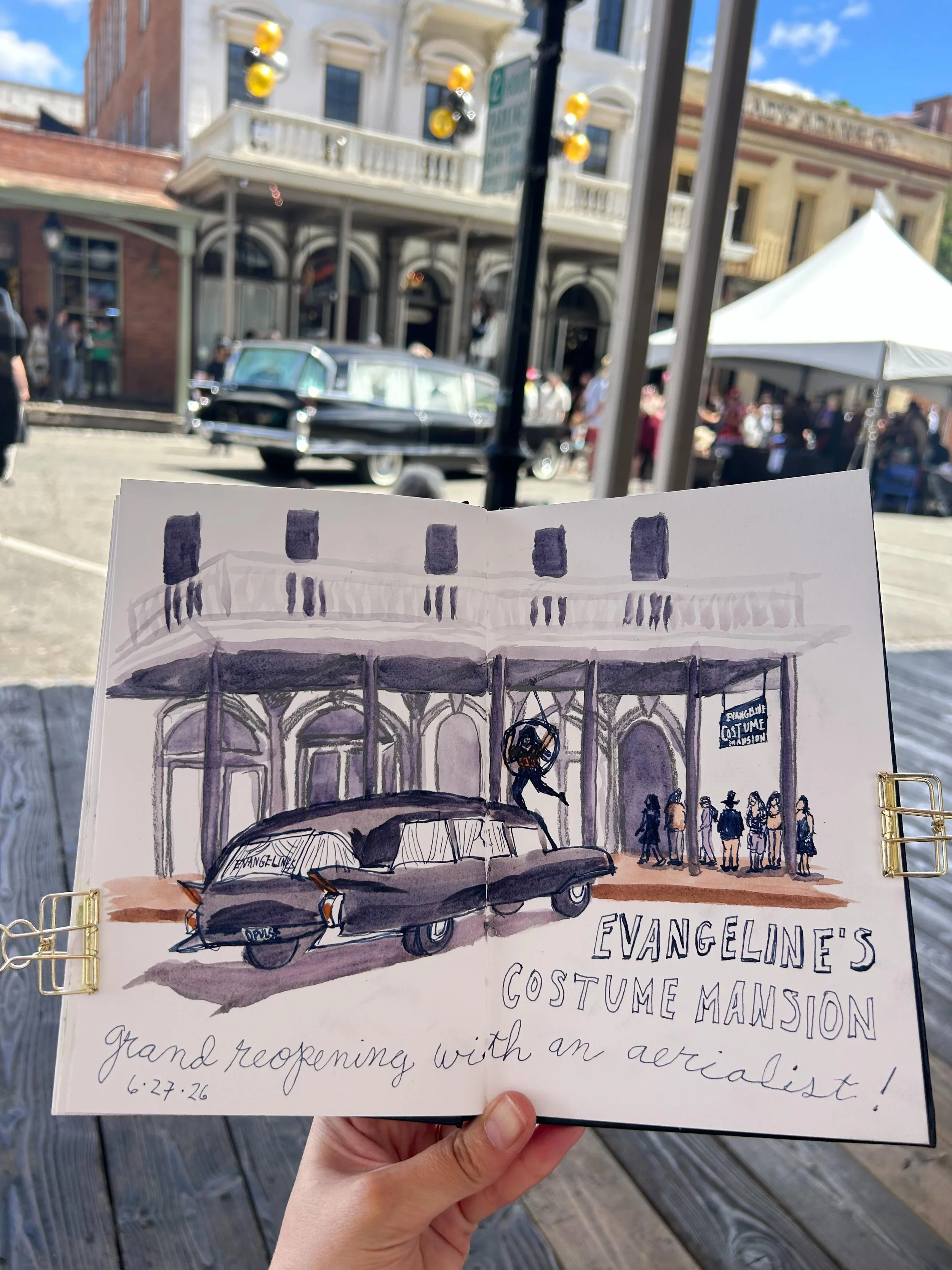 We had a great turnout today @urbansketcherssacramento and there were so many exciting openings in Old Sac! I was happy to capture the busy scene at the Evangeline&rsquo;s Costume Mansion reopening &mdash; including a hearse and an aerialist performi