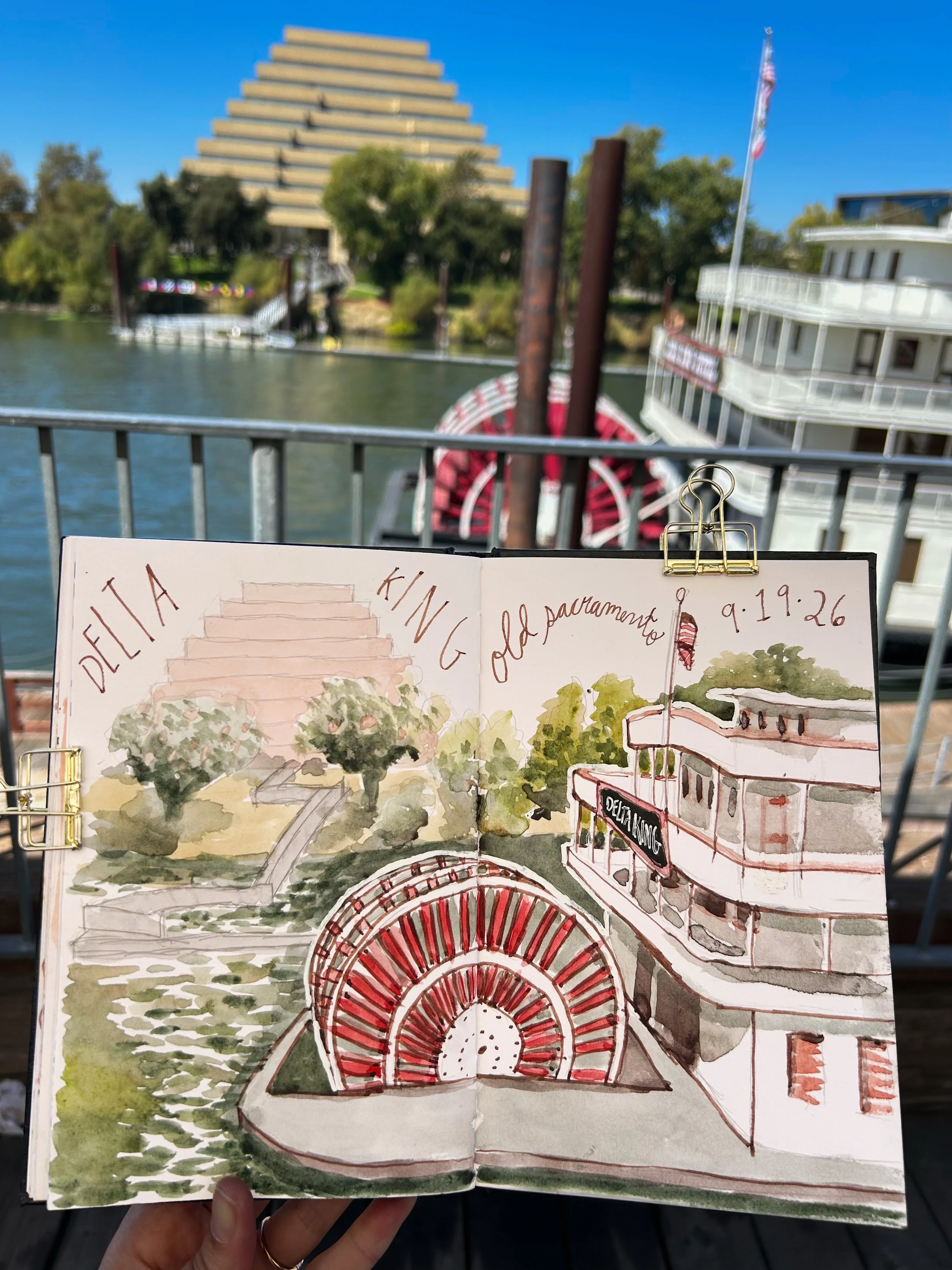 This morning was so wonderful and so needed. I hosted an @urbansketcherssacramento meetup in collaboration with @sacramento_af, and artists of all ages came together to sketch the Delta King. 

Also, yesterday was my last day of work at my job. As I 