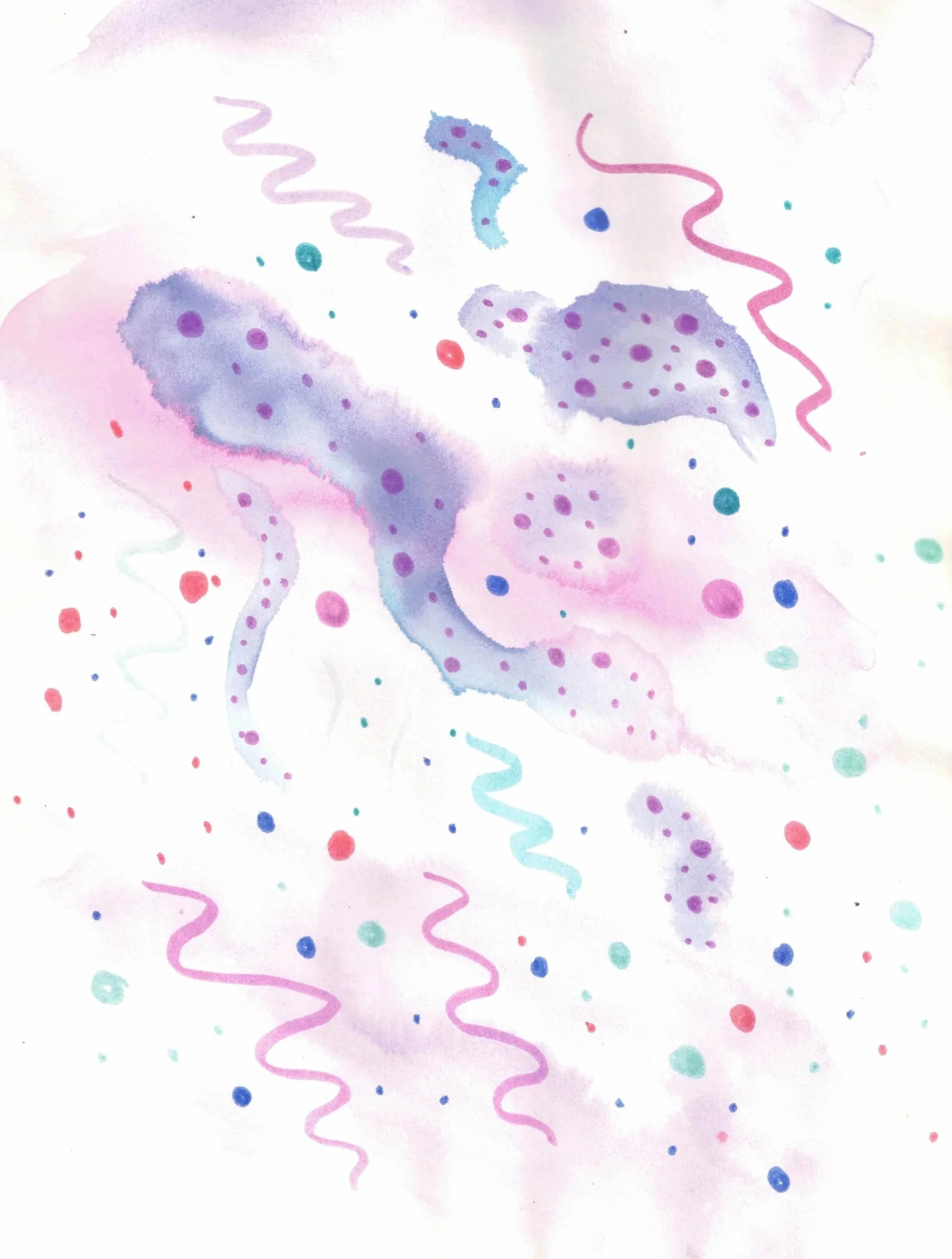Abstract watercolor shapes in purple, pink, green and blue, with dots and squiggles, show a sense of vitality and hopefulness.
