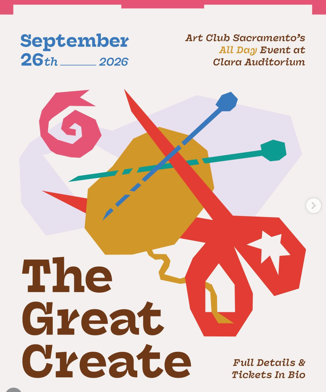 Flyer for The Great Create, Art Club Sacramento's All Day Event in the Clara Auditorium. Rebecca Huval, grief therapist, led a workshop there on Urban Sketching for Mindfulness.