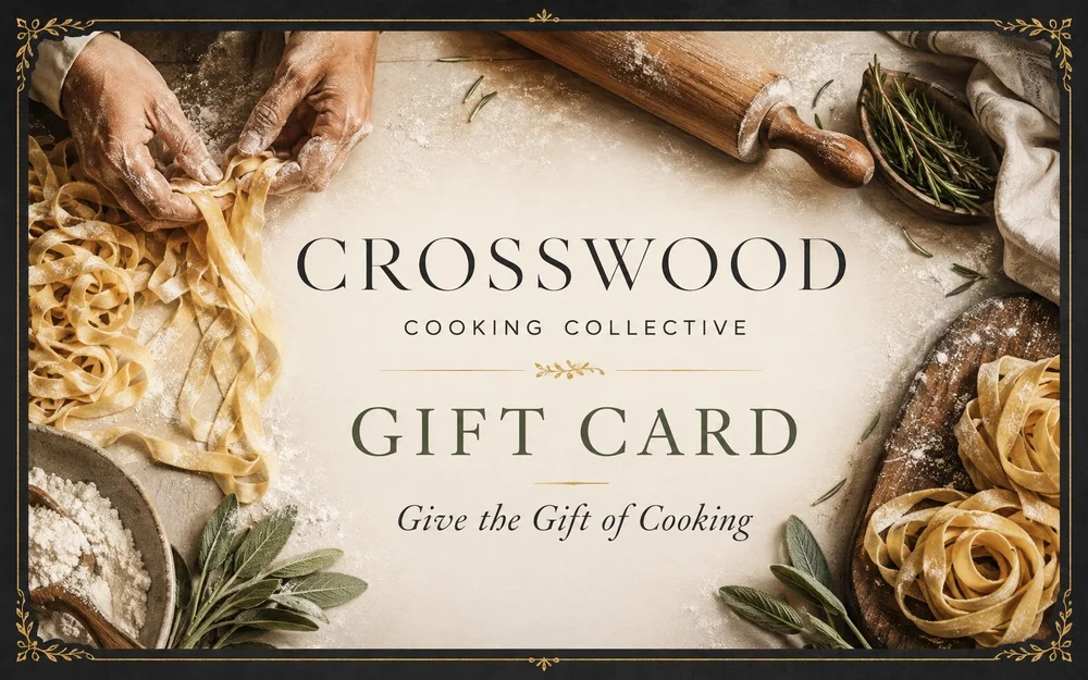 Crosswood Cooking Collective digital gift card artwork with handmade pasta and herbs