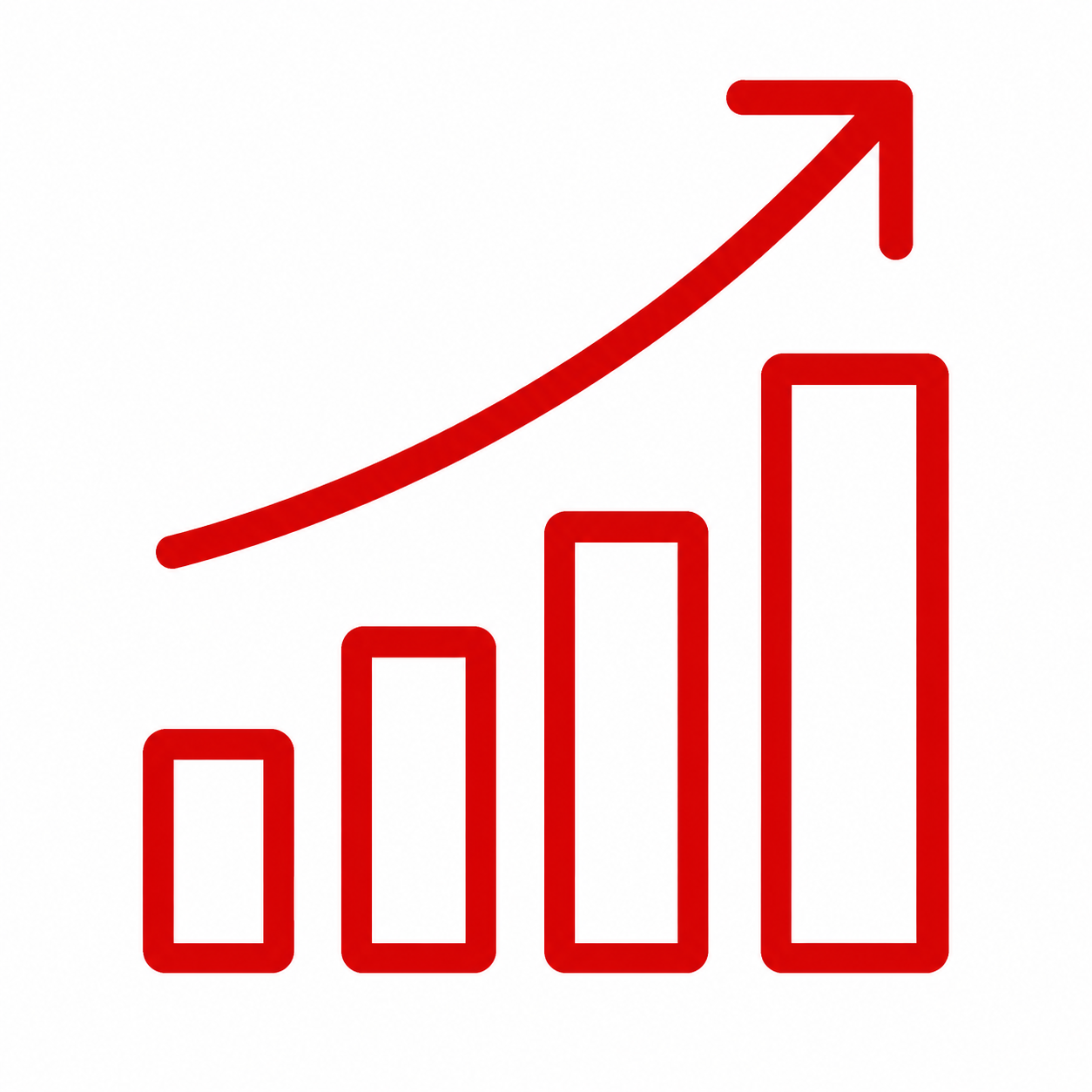 Red ascending bar chart with a curved arrow indicating growth or increase.