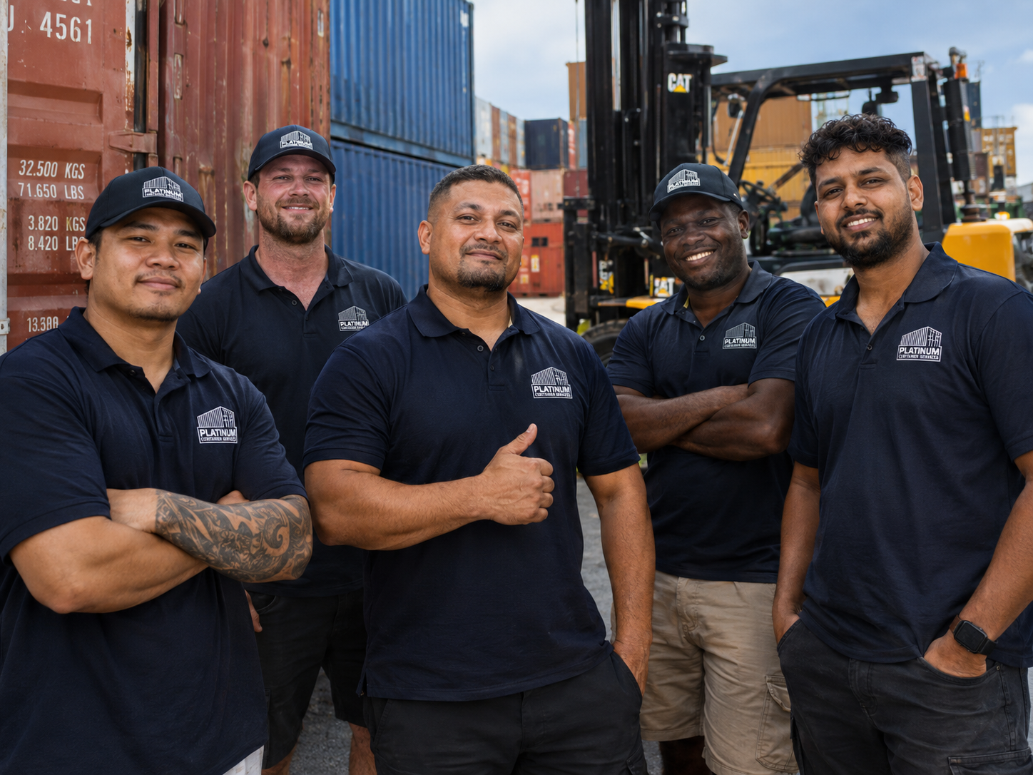 Five men in navy blue polo shirts and caps standing outdoors with shipping containers and a forklift in the background. The logo on their shirts and caps reads "Platinum".