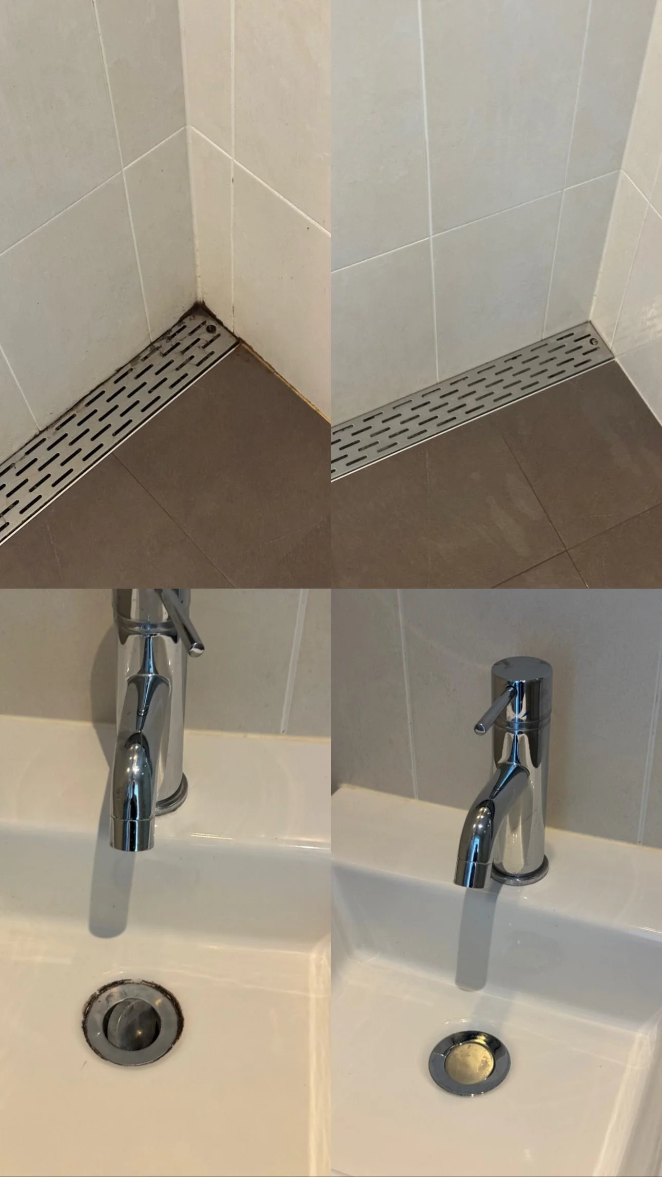 Comparison of two bathroom sink faucets and plumbing, with one showing a rusty shower drain and the other a clean drain.