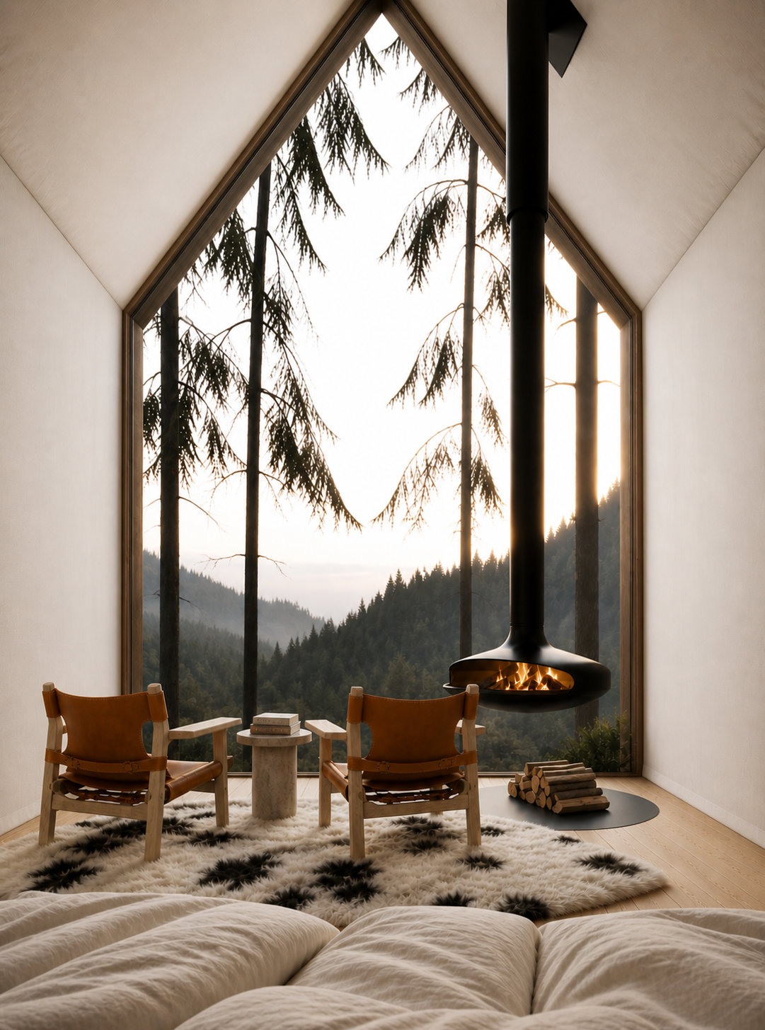 Interior of a modern tented accommodation with a large, triangular window showcasing a forested mountain landscape and trees outside. The room features a cozy rug, two leather chairs, a small table, and a hanging fireplace with a wood pile beside it.