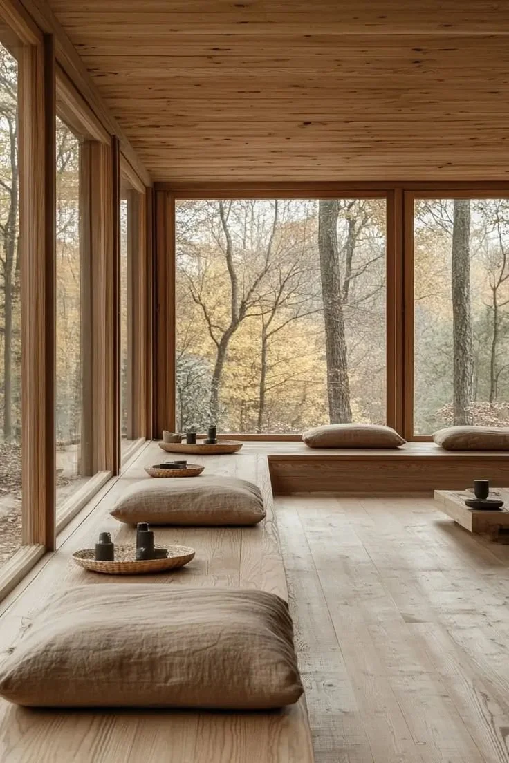 Minimalist wooden yoga studio with floor cushions and tea cups, overlooking a forest through large windows.