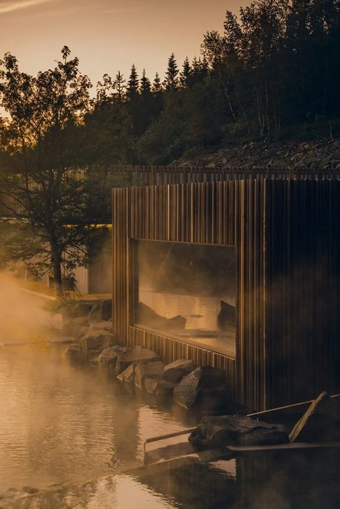 The pacific ocean with steam rising, surrounded by rocks and trees, at sunrise , with a modern sauna.