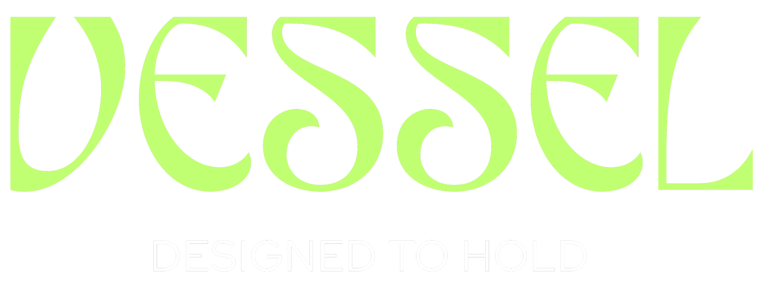 Logo with the word 'Vessel' in large lime green stylized letters and 'Designed to Hold' in smaller white capital letters below on a black background.