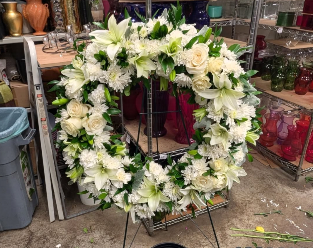 Circle Standing Funeral Spray - roses, lilies, cushion mums, salal & leatherleaf